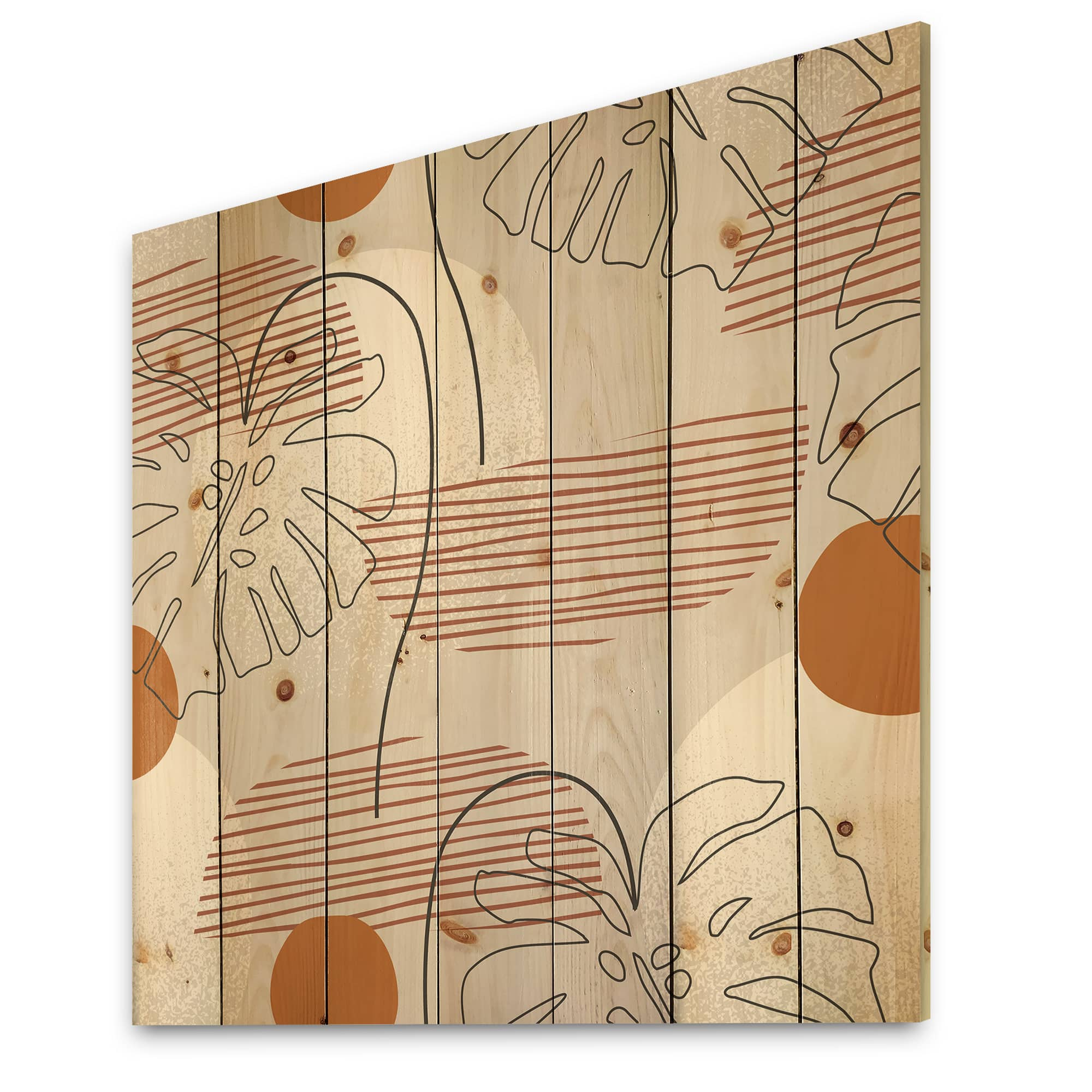 Designart - One Line Art Shapes &#x26; Abstract Monstera Leaf - Modern Print on Natural Pine Wood