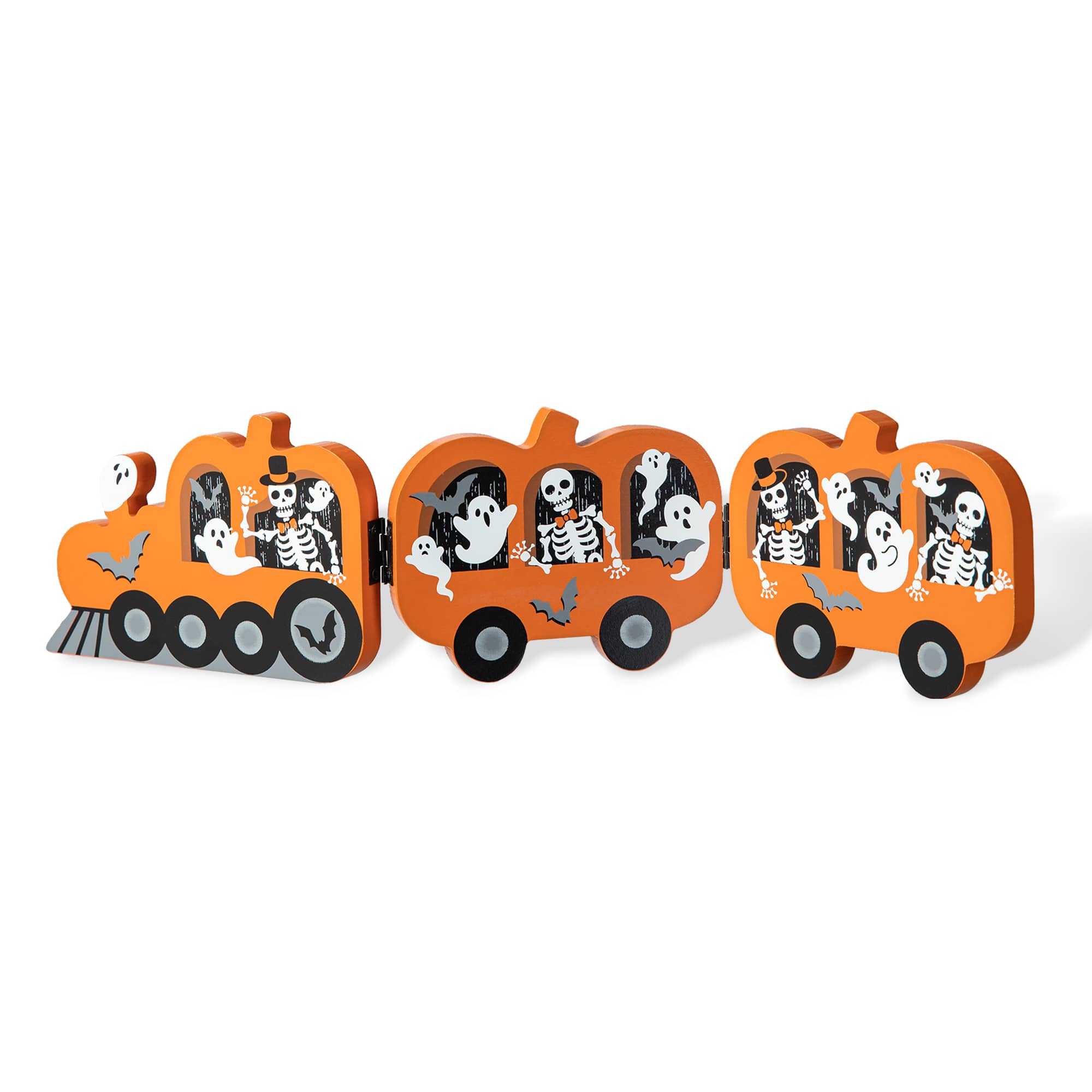 Glitzhome® 16" Halloween Skeletons & Ghosts Hinged Pumpkin Train Décor