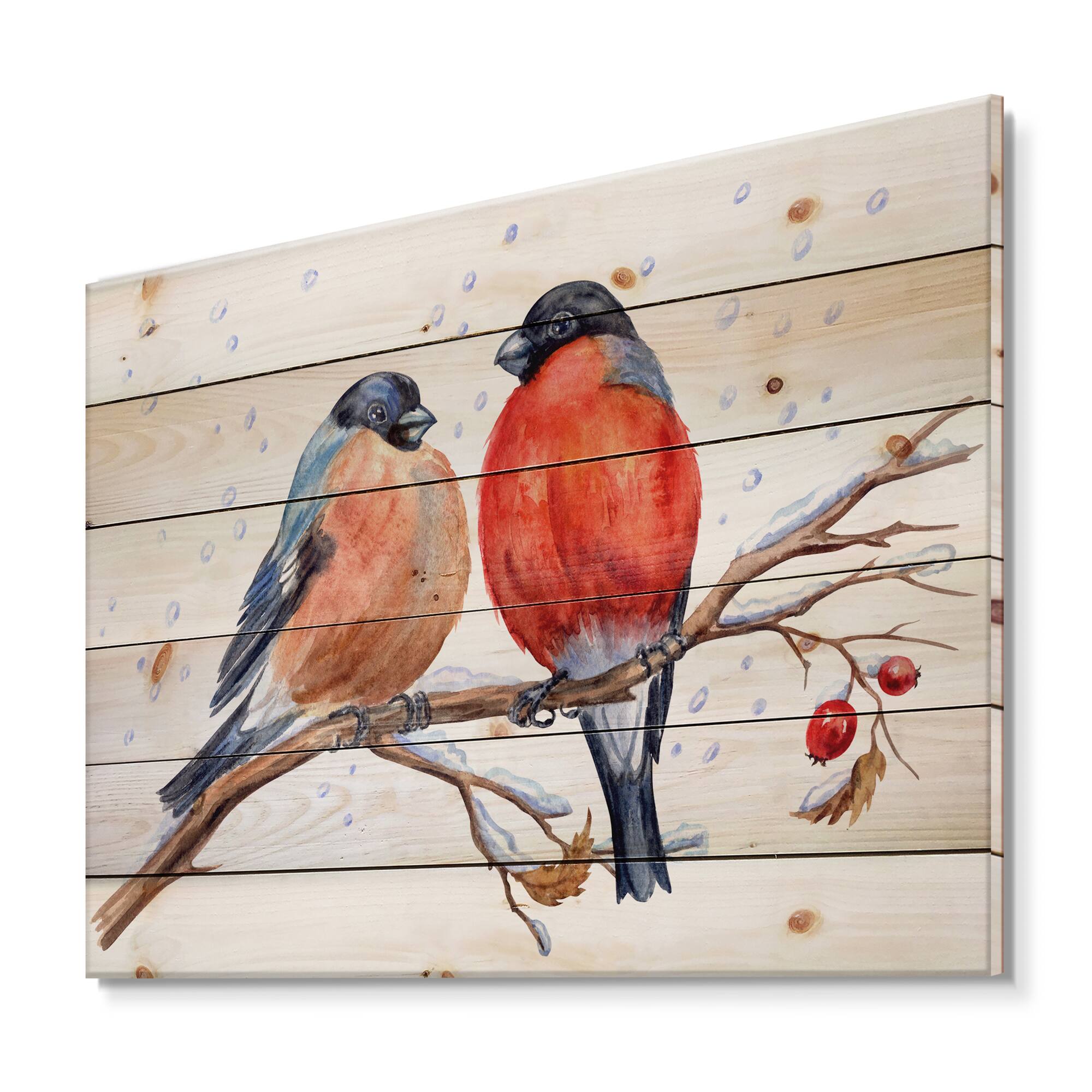 Designart - Two Bullfinches On A Hawthorn Branch with Snowfall - Traditional Print on Natural Pine Wood