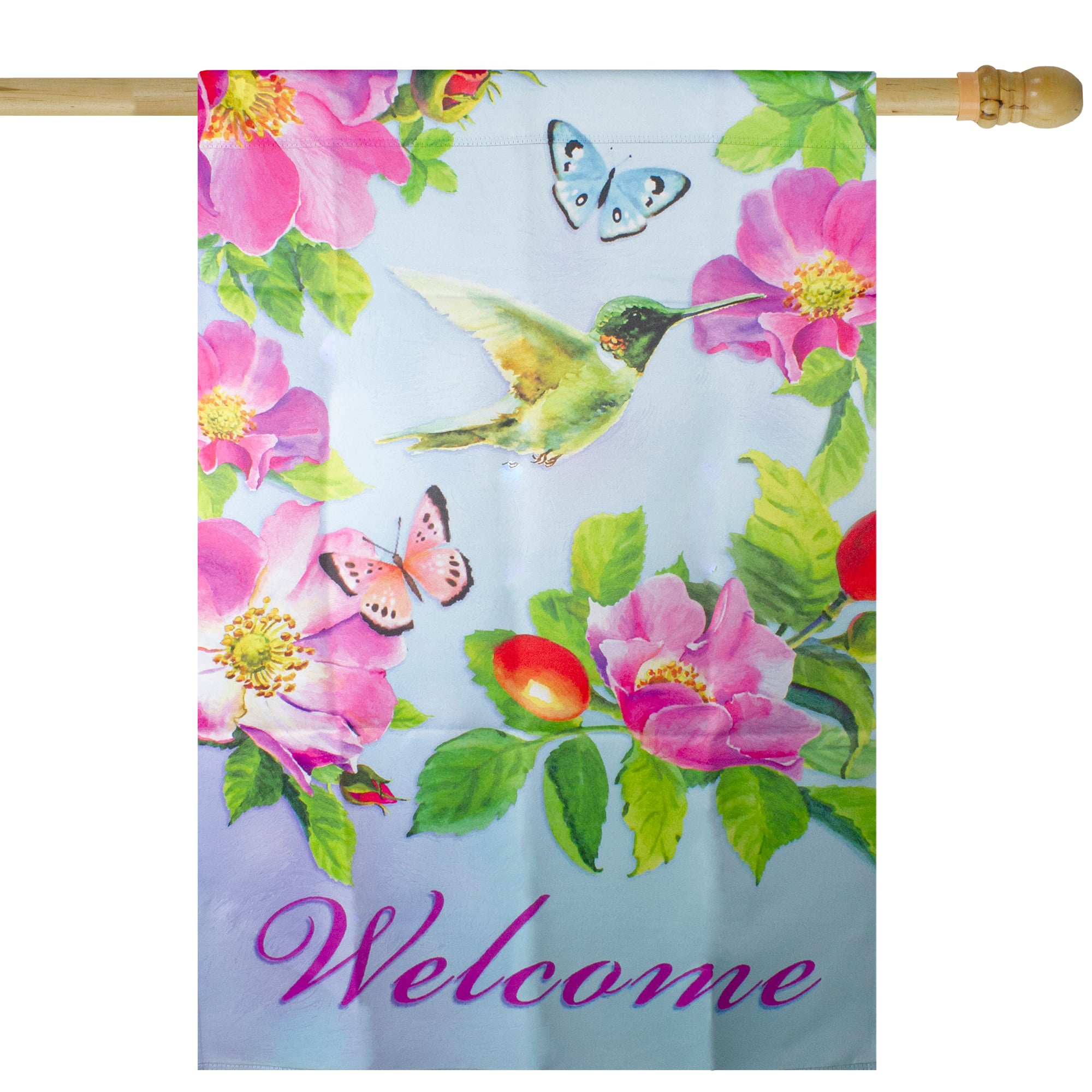 40" Pink & Blue Welcome Hummingbird Floral House Flag