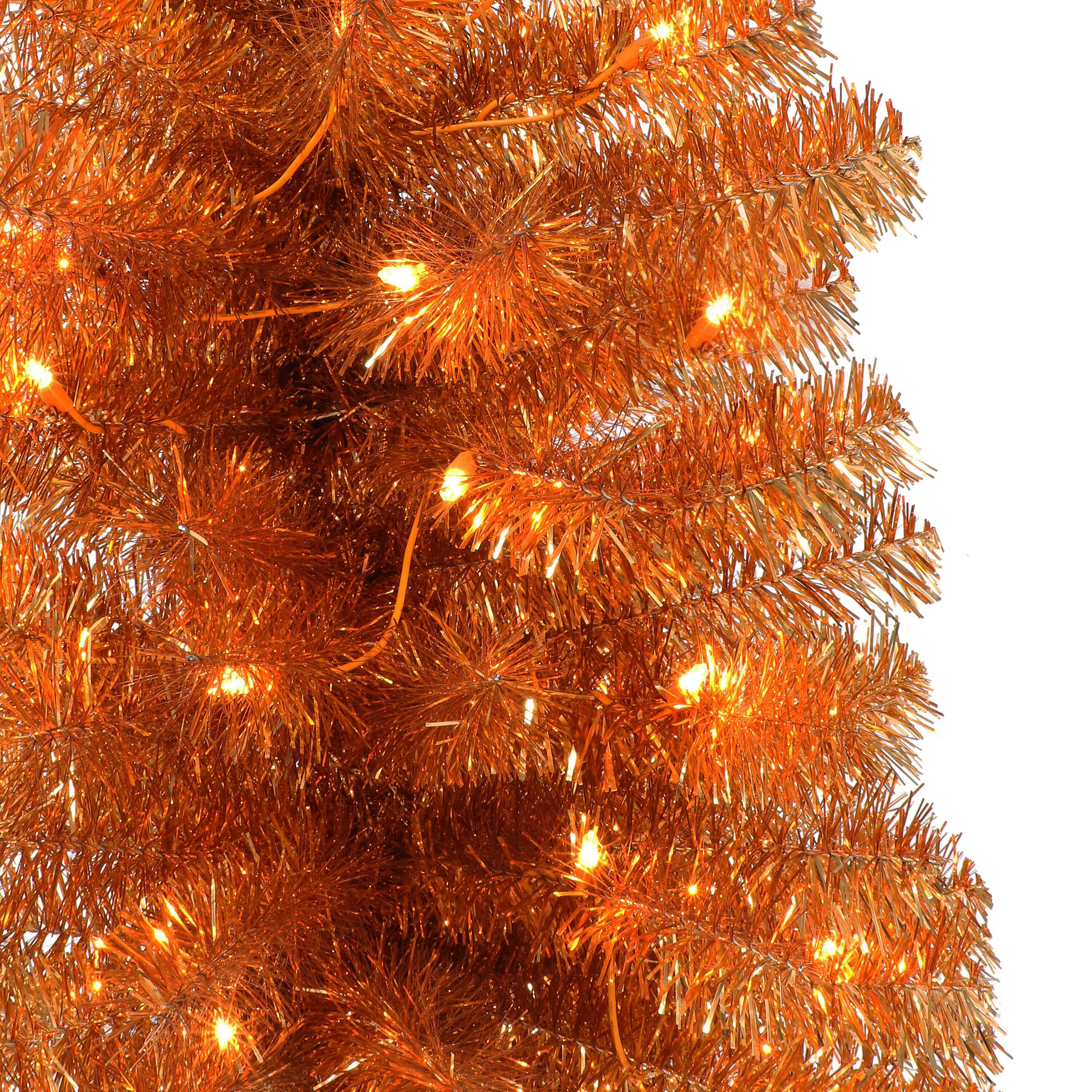 6 Pack: 4.5ft. Pre-Lit Orange Tinsel Artificial Christmas Tree, Clear Lights