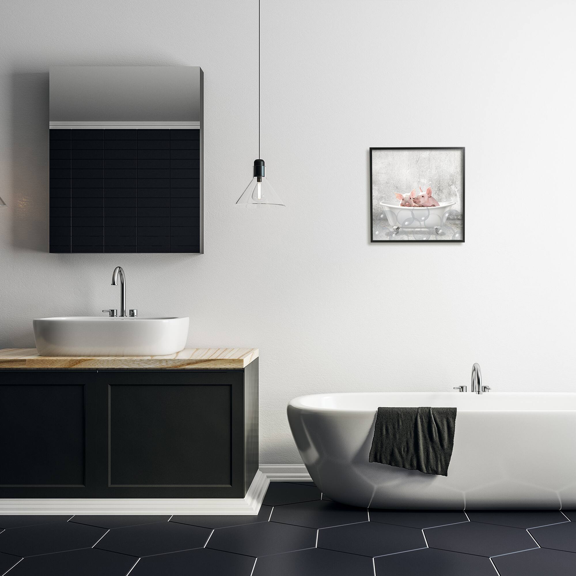 Stupell Industries Baby Piglets Bath Time Wall Art in Black Frame