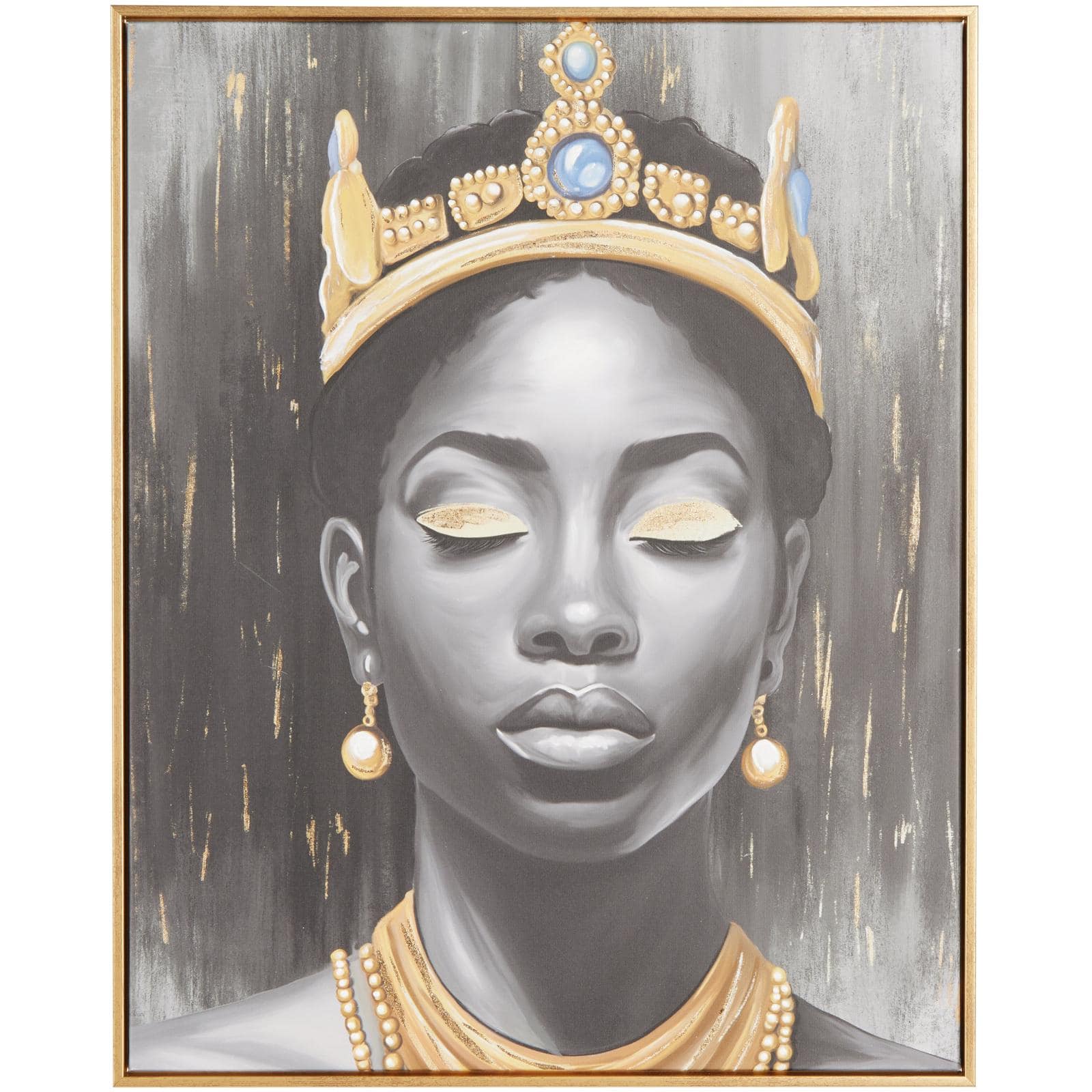 24" x 2" x 24" Black Canvas Woman Shaded Living Room Framed Wall Art with Blue Crown and Gold Foil Accents