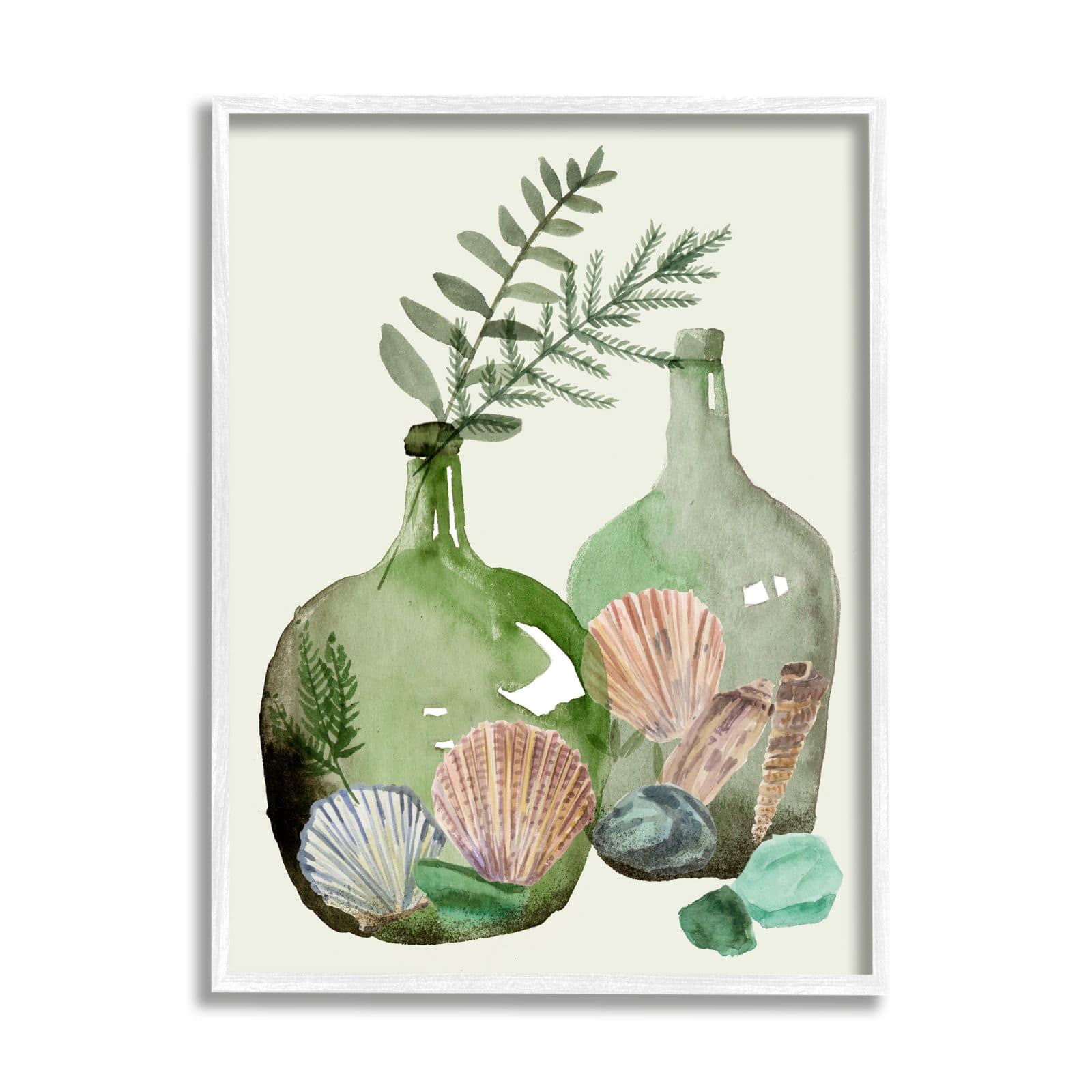 Stupell Industries Fern Foliage in Green Glass Jugs Nautical Seashells Framed Wall Art
