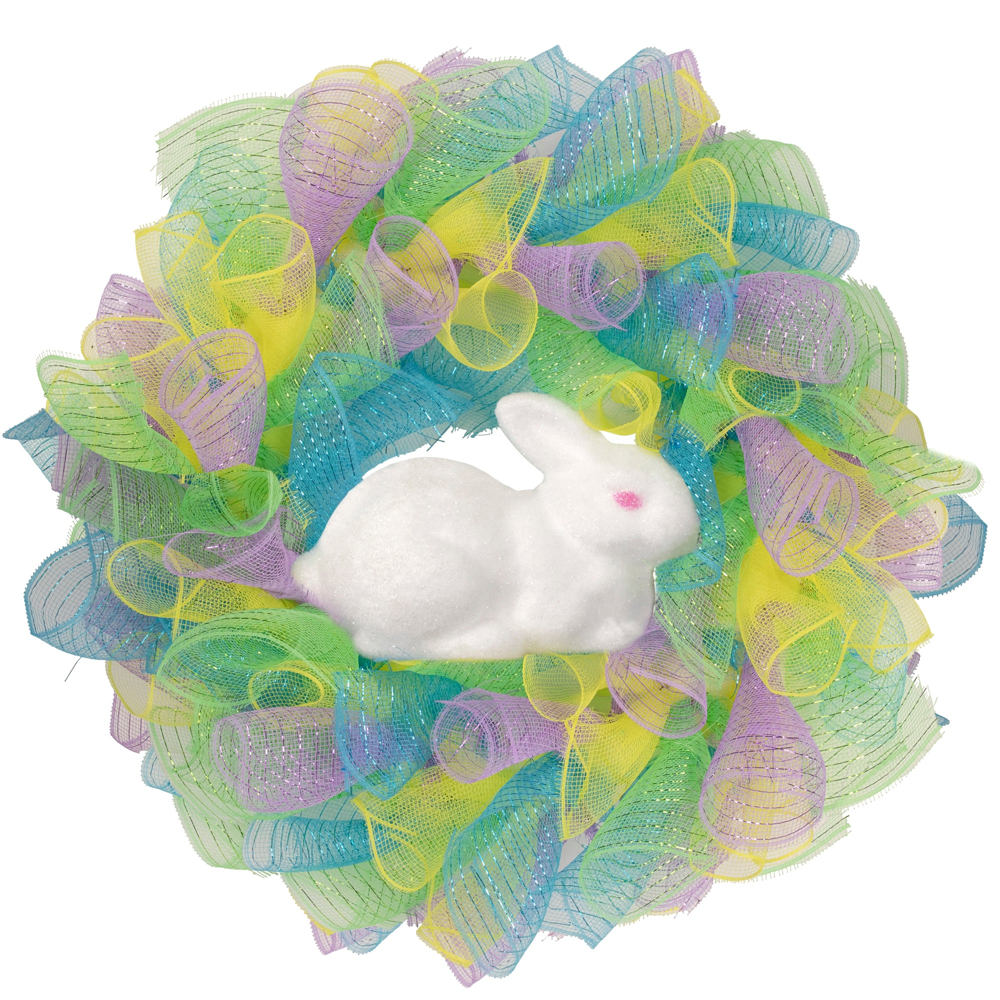Colorful Deco Mesh Ribbon Easter Bunny Wreath 24" unlit