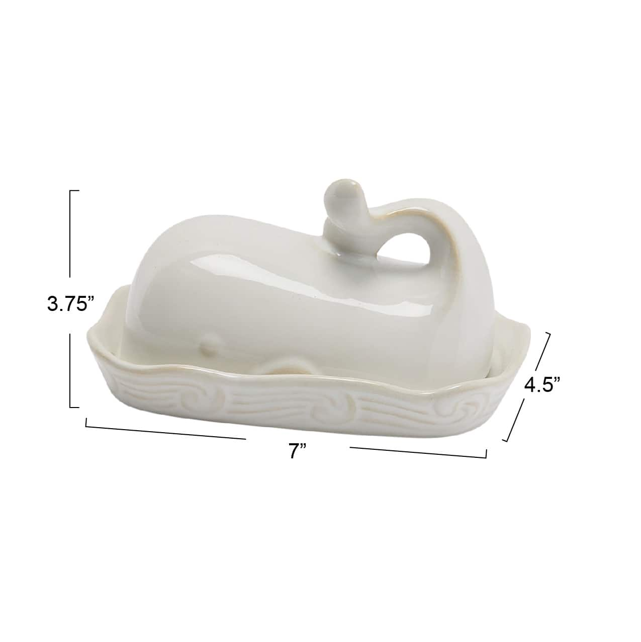 7&#x22; White Coastal Stoneware Whale Shaped Butter Dish