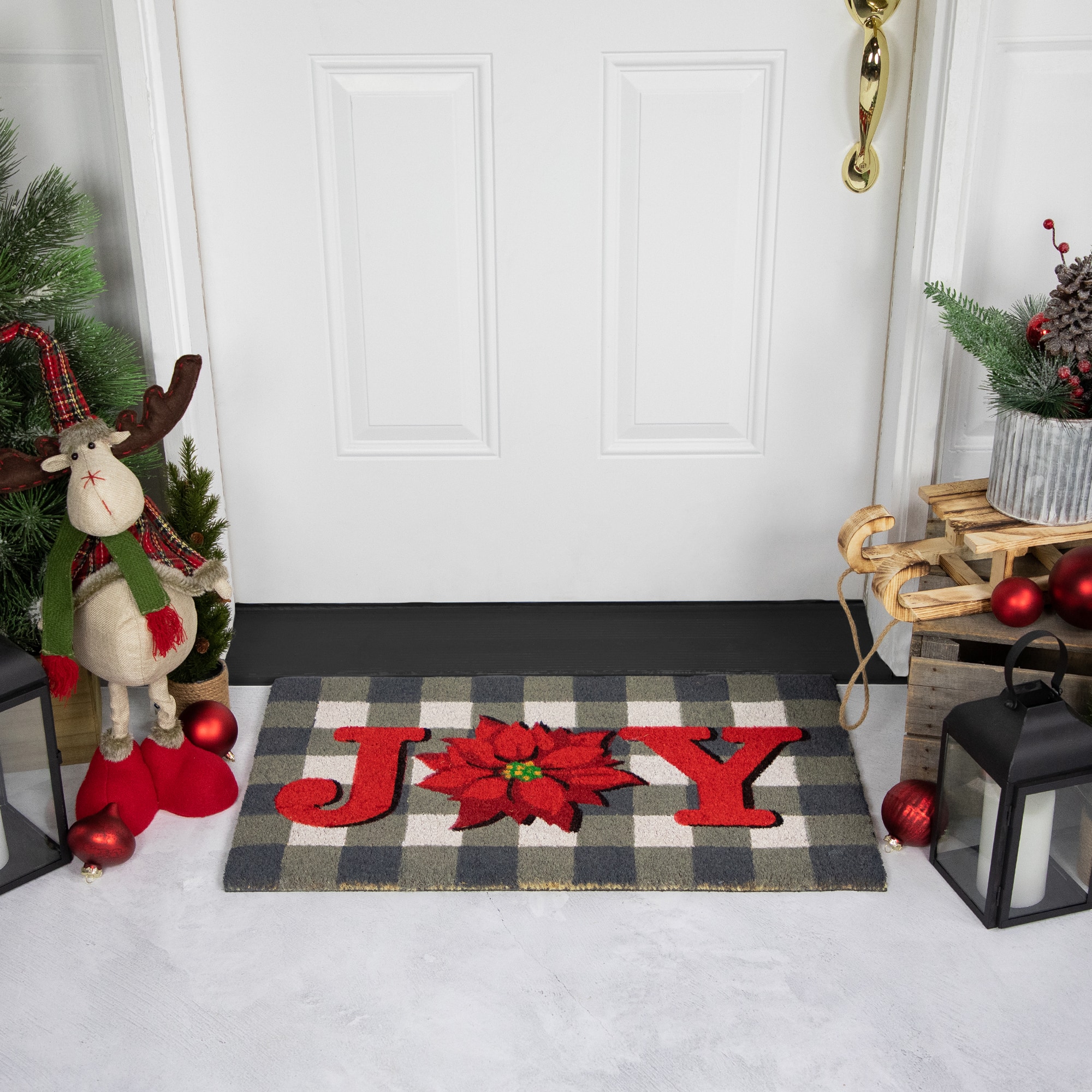 Gray and Red Poinsettia &#x22;Joy&#x22; Christmas Natural Coir Outdoor Doormat 18&#x22; x 30&#x22;