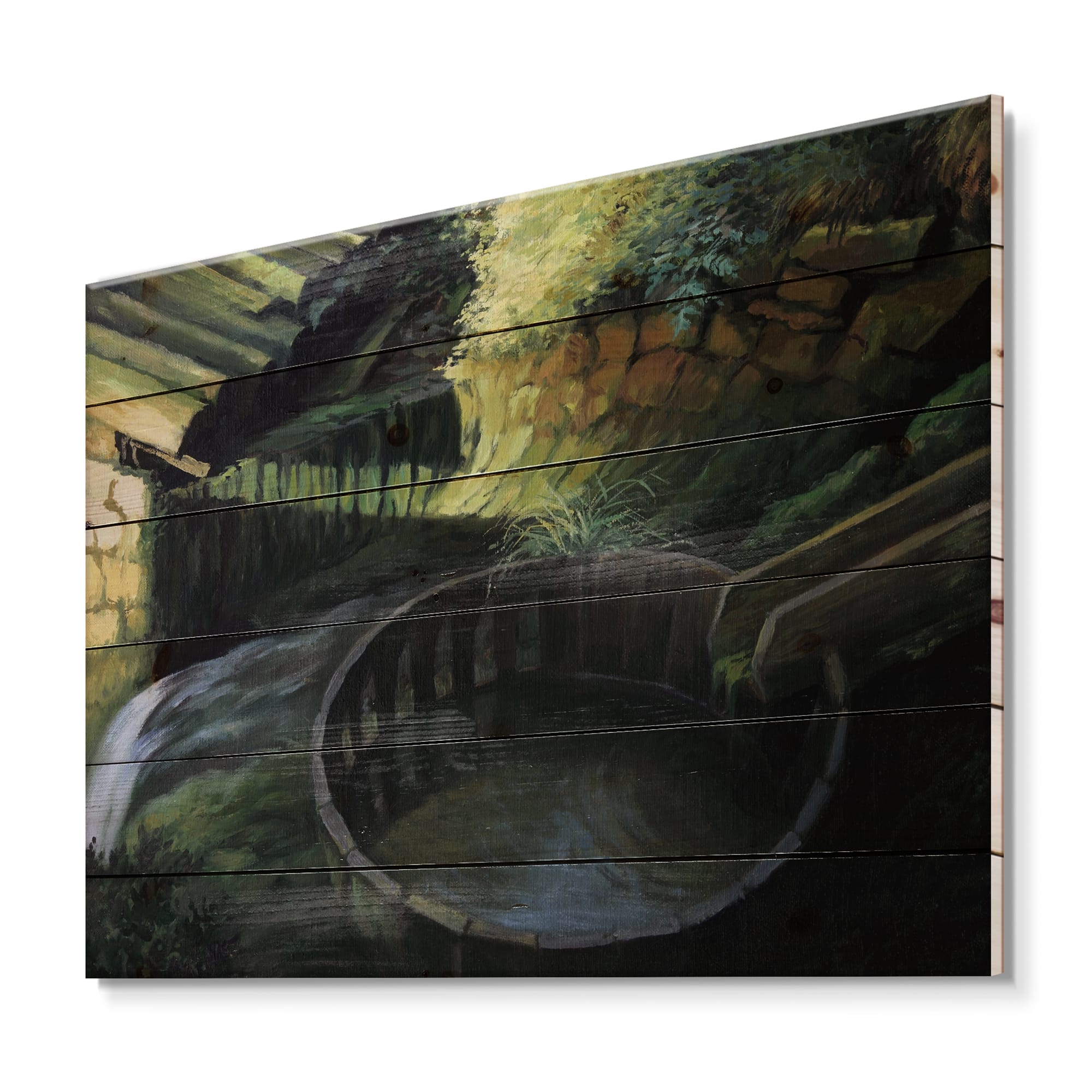 Designart - Old Watermill In Nature Landscape - Lake House Print on Natural Pine Wood