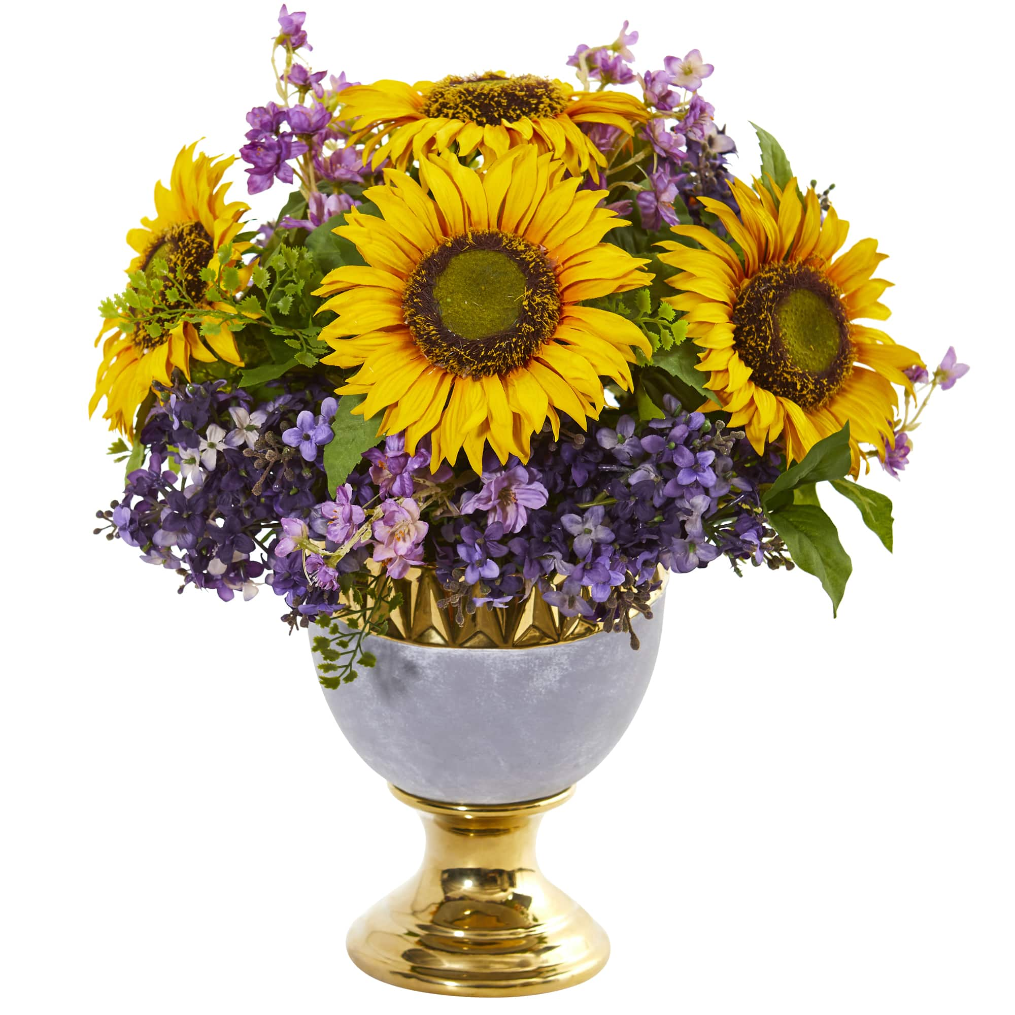 16&#x22; Sunflower &#x26; Lilac Arrangement in Stoneware Urn with Gold Trimming