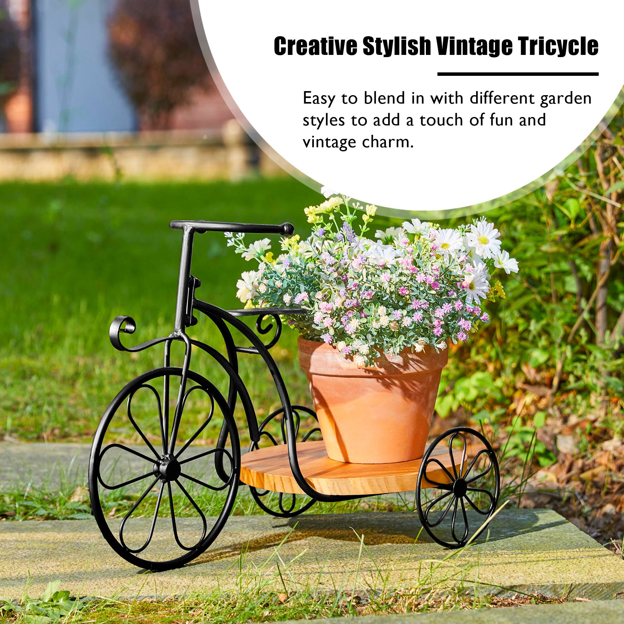 Glitzhome&#xAE; 18&#x22; Black Metal Tricycle Planter Stand with Solid Wood Tray