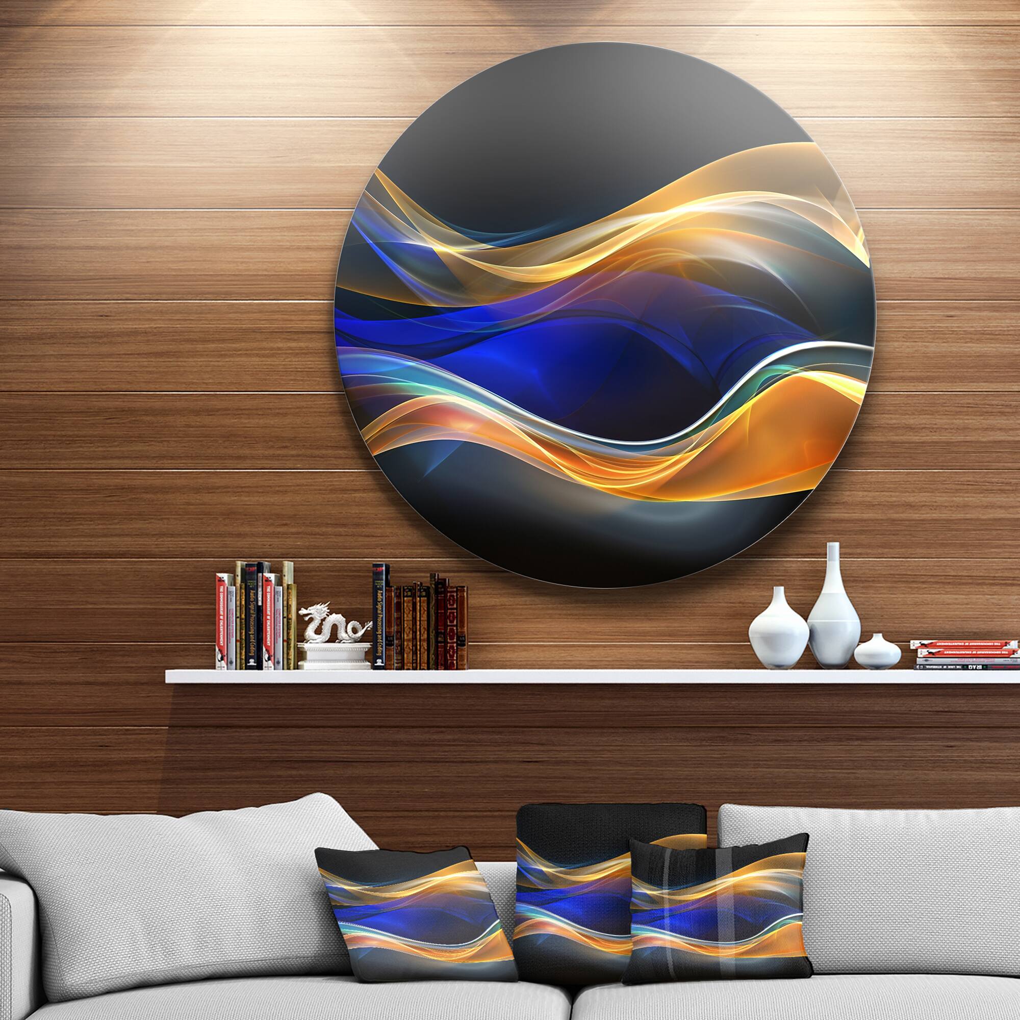 Designart - 3D Gold Blue Wave Design&#x27; Abstract Circle Metal Wall Art