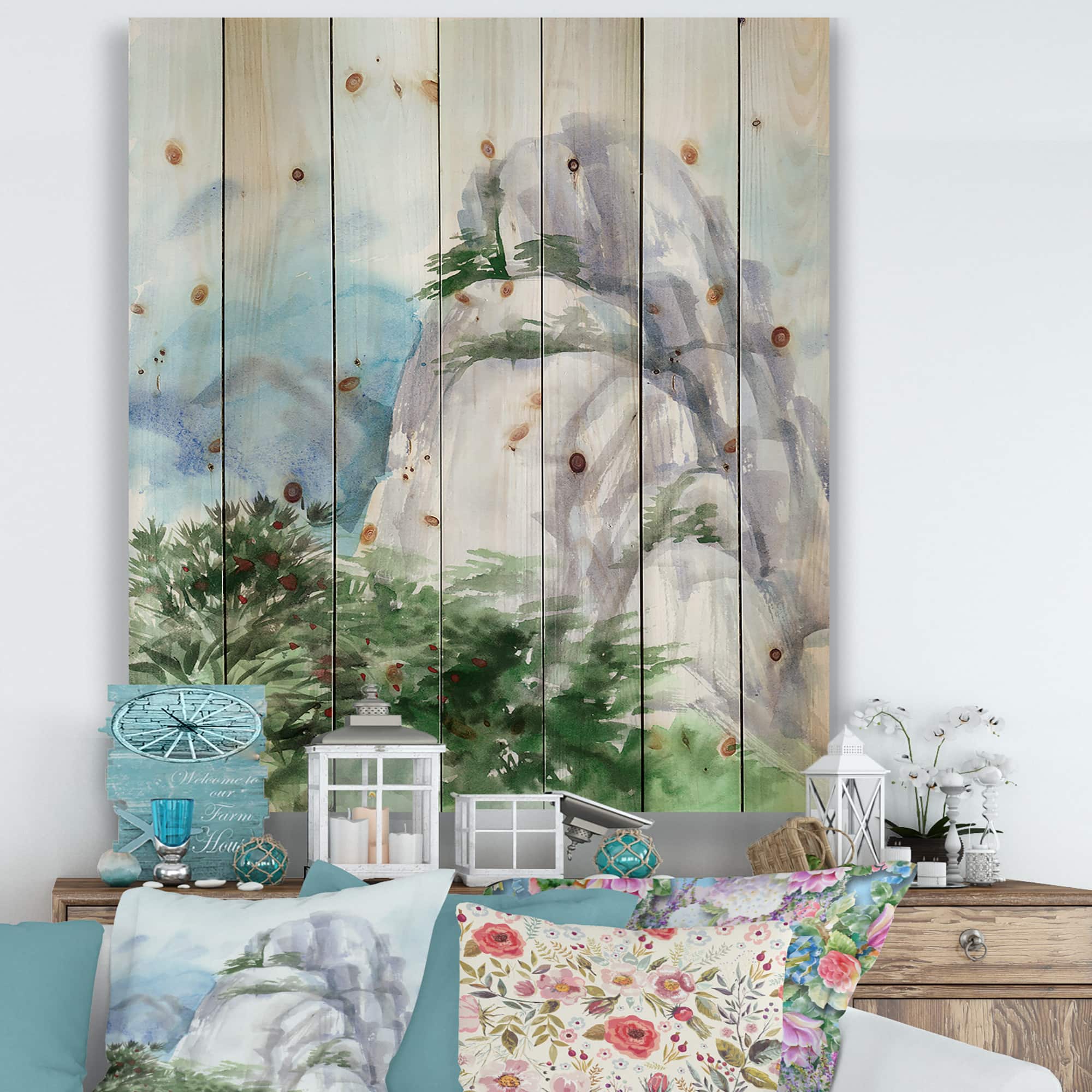 Designart - Mountain Top In The Clouds - Traditional Print on Natural Pine Wood