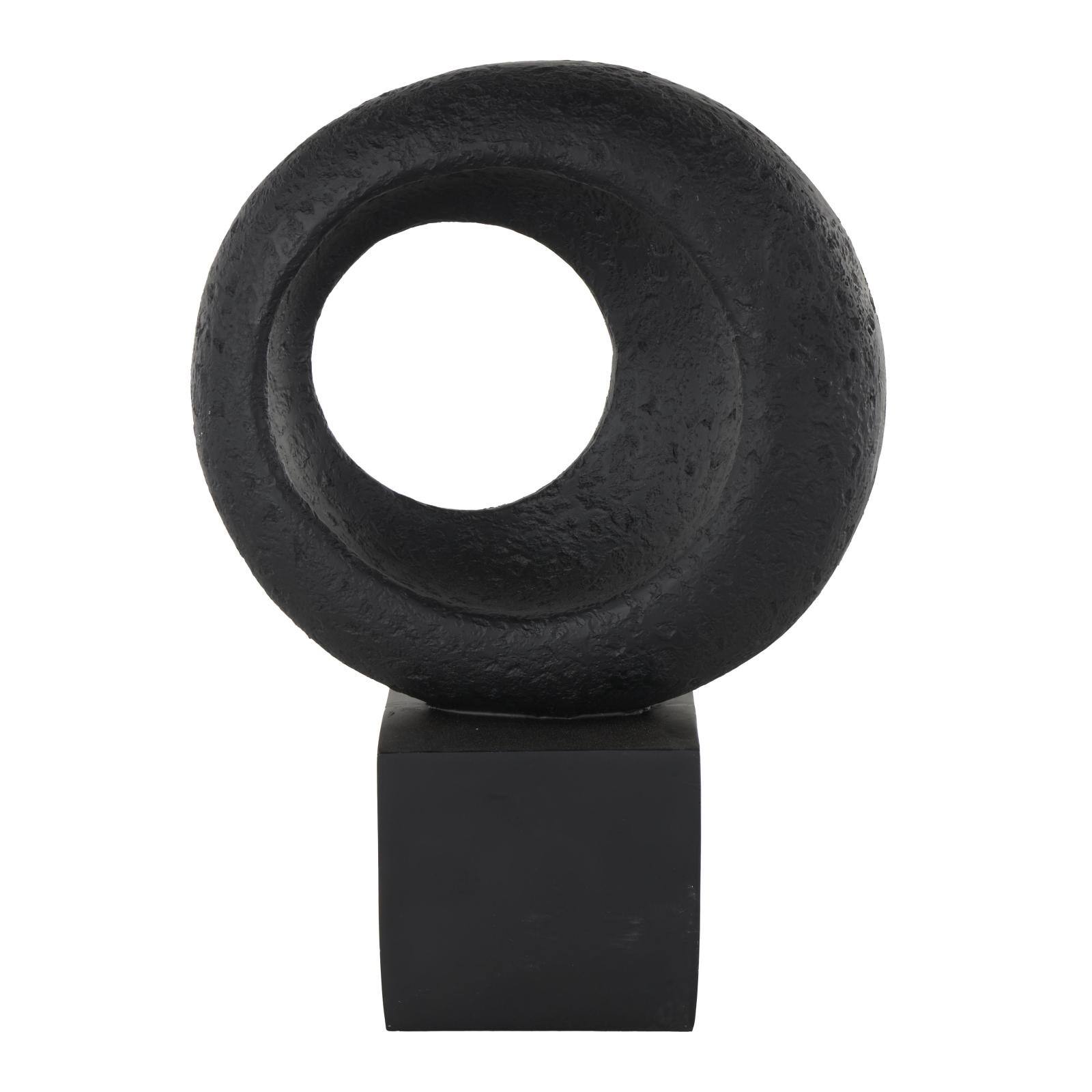 14.25" Black Polystone Geometric Textured Cutout Ring Sculpture with Block Base