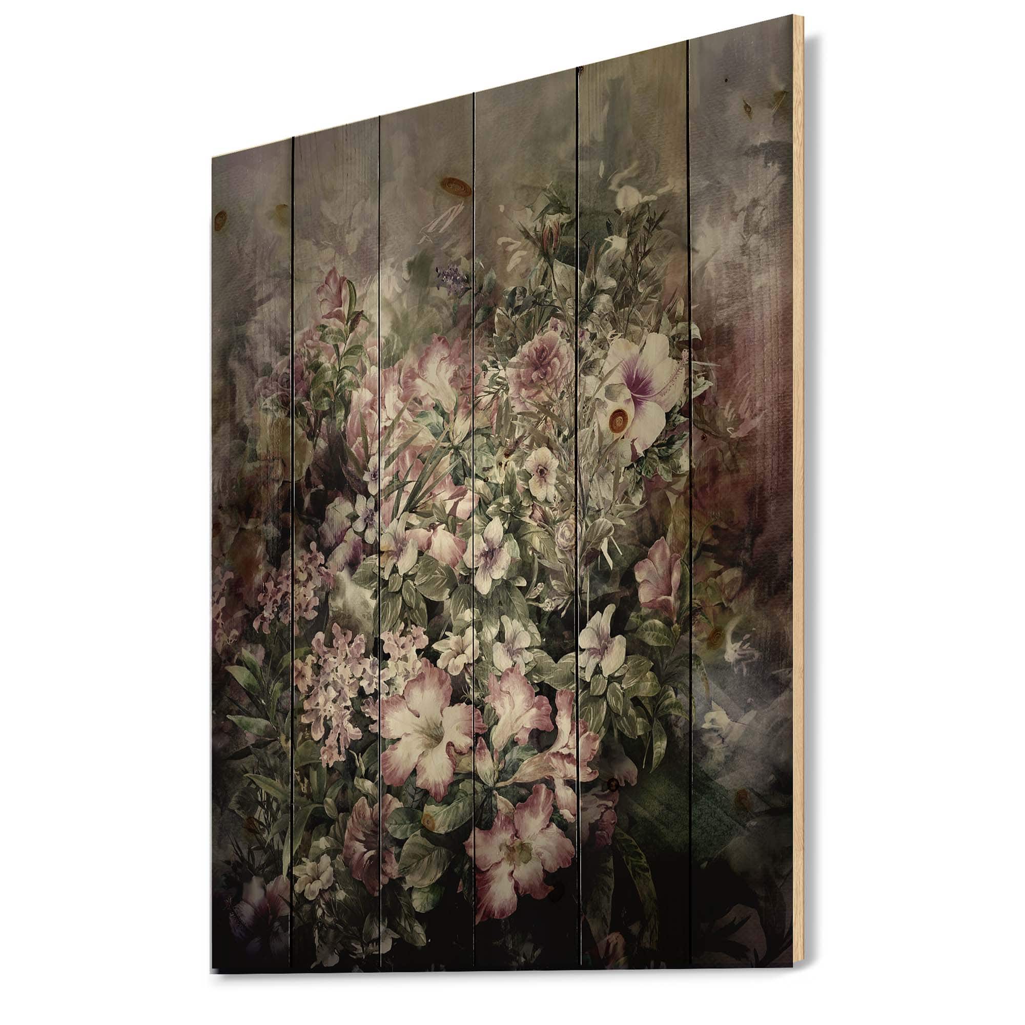 Designart - Retro Drawing of Flowers IV - Vintage Print on Natural Pine Wood