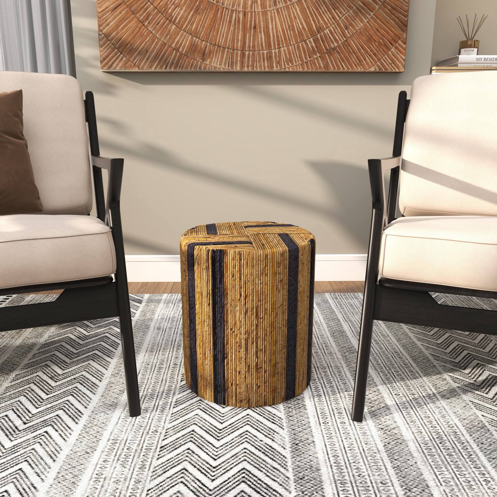 Brown Banana Leaf Handmade Linear Wrapped Accent Table with Navy Stripes