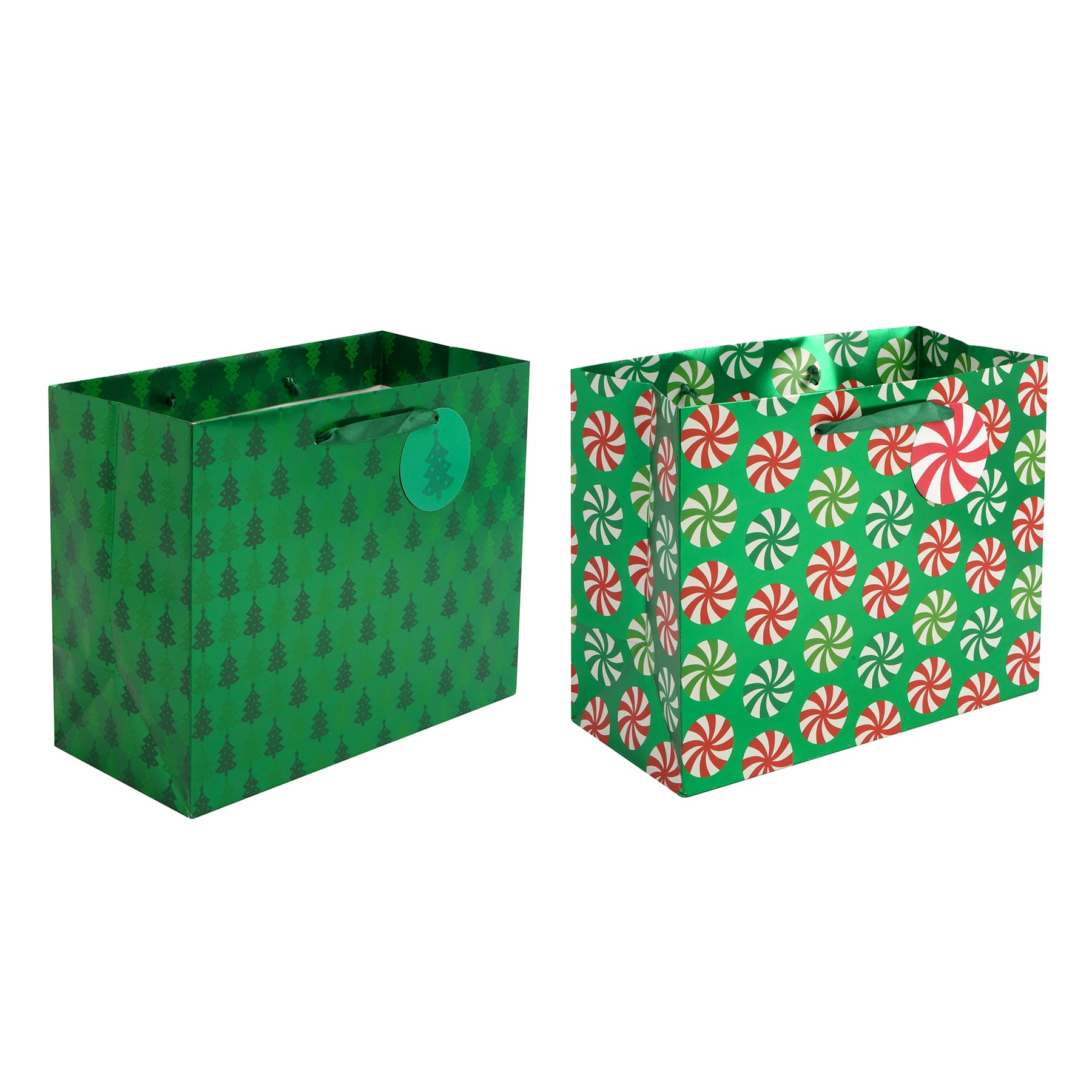 10&#x22; Round Peppermint &#x26; Christmas Tree Print Gift Bag Set by Celebrate It&#xAE;