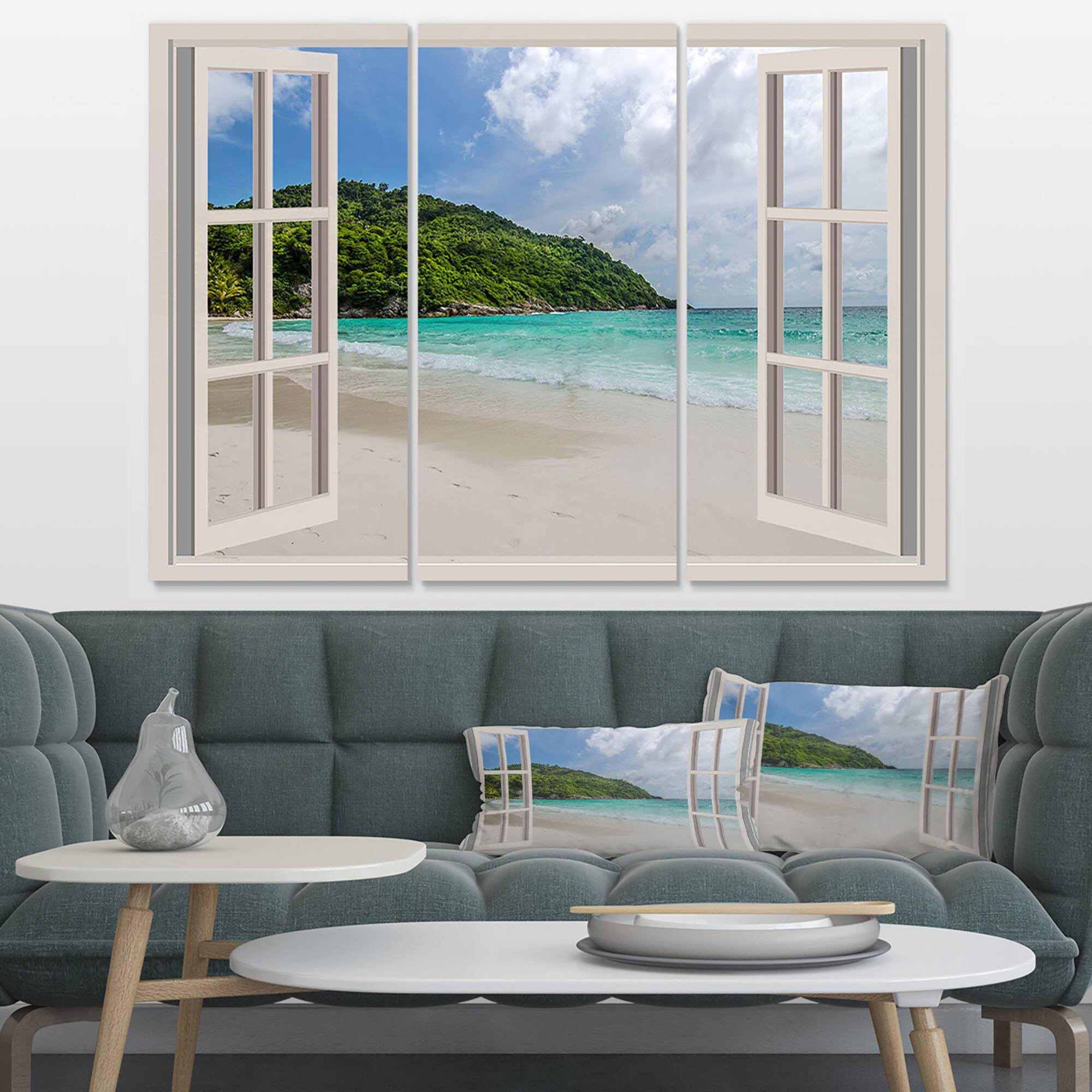 Designart - Open Window to Calm Seashore - Extra Large Seashore Canvas Art
