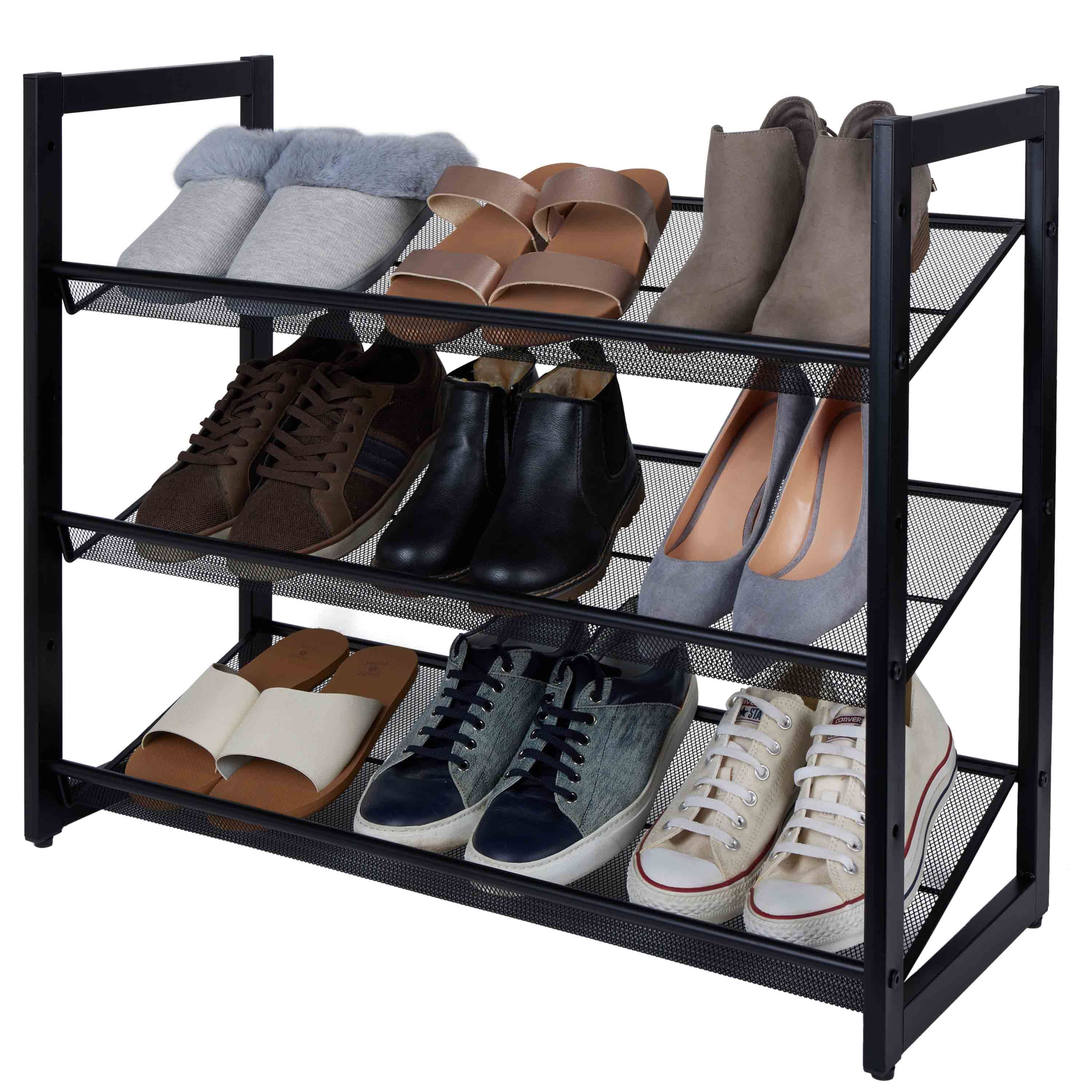 Organize It All 30" Wide Black 3 Tier Adjustable Mesh Shoe Rack