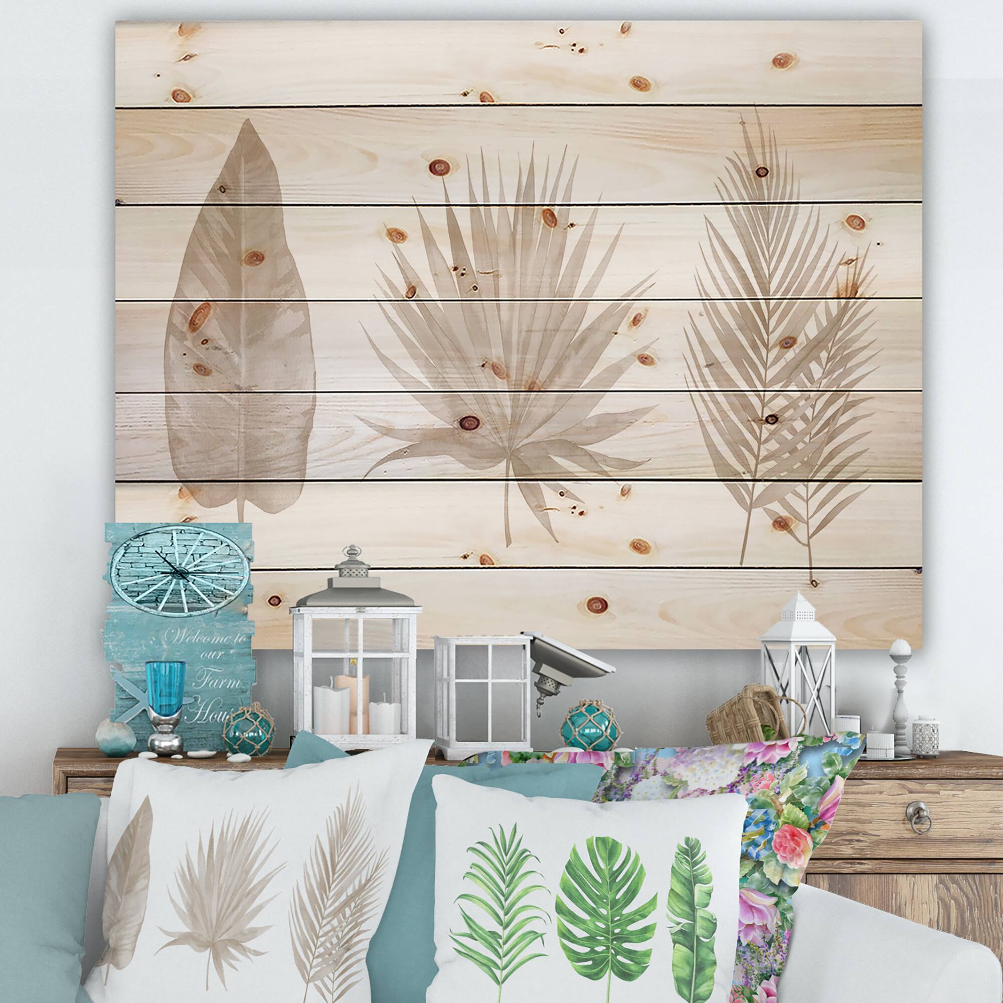 Designart - Tropical Beiges Leaves - Traditional Print on Natural Pine Wood