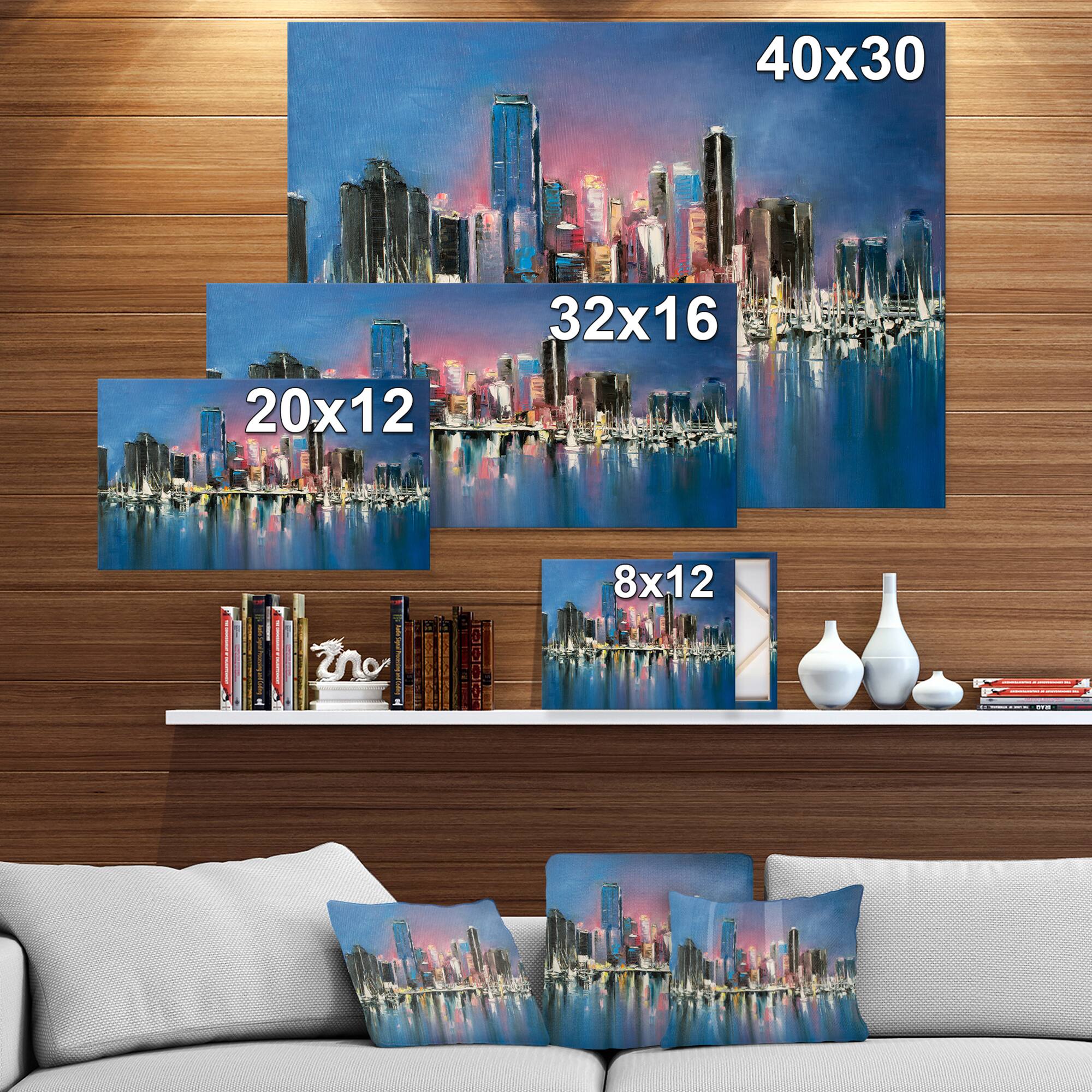 Designart - Coastal City Fantasy Night Scene in Oil Painting - Cityscapes Painting Print on Wrapped Canvas