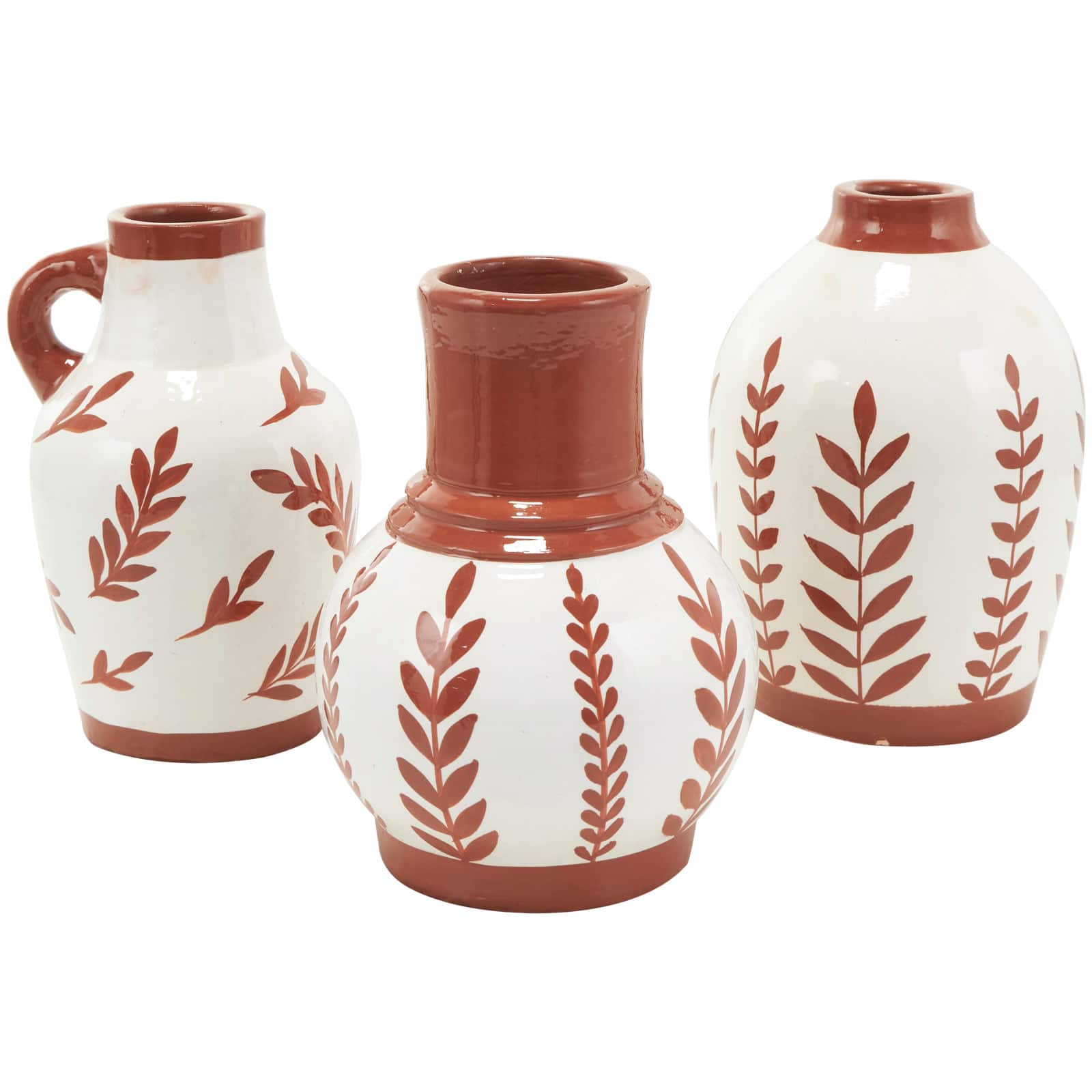 White Ceramic Floral Vase with Terracotta Colored Detailing Set