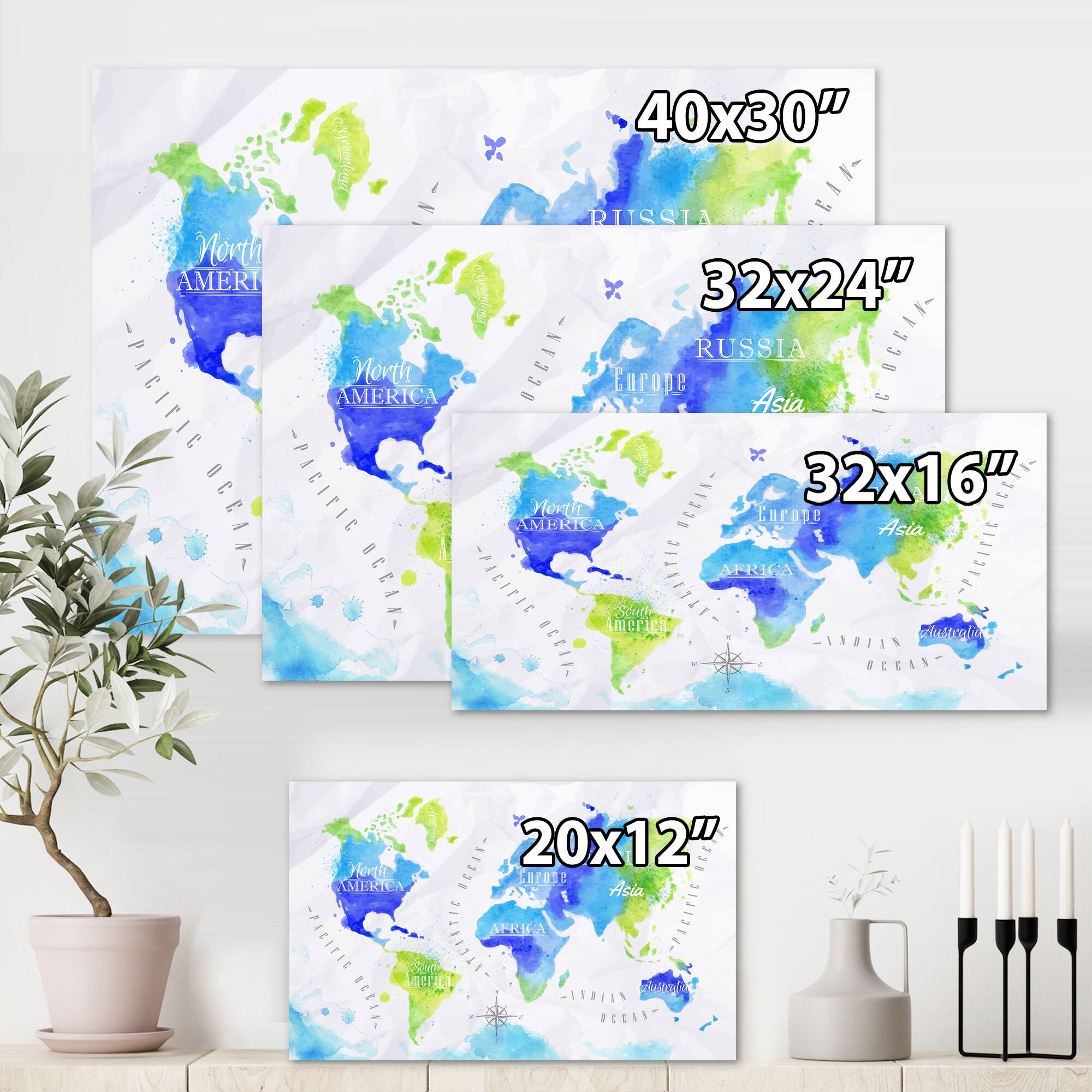 Designart - World Map In Green and Blue - Modern Canvas Wall Art Print