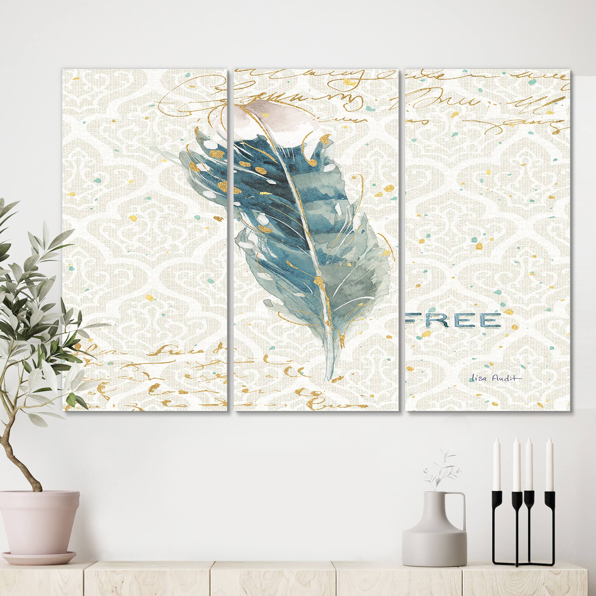 Designart - Damask Painted Gilded Feather on Blue - Nautical & Coastal Canvas Art