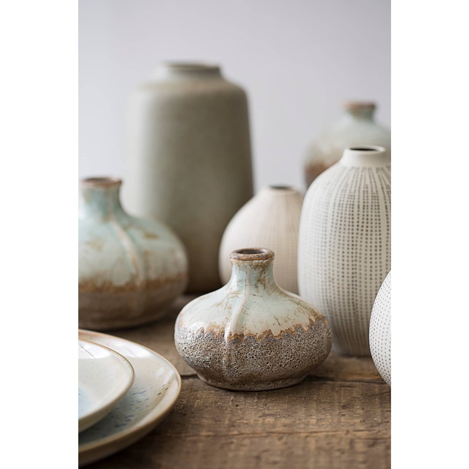 White Stoneware Vases with Textured Black Polka Dots Set