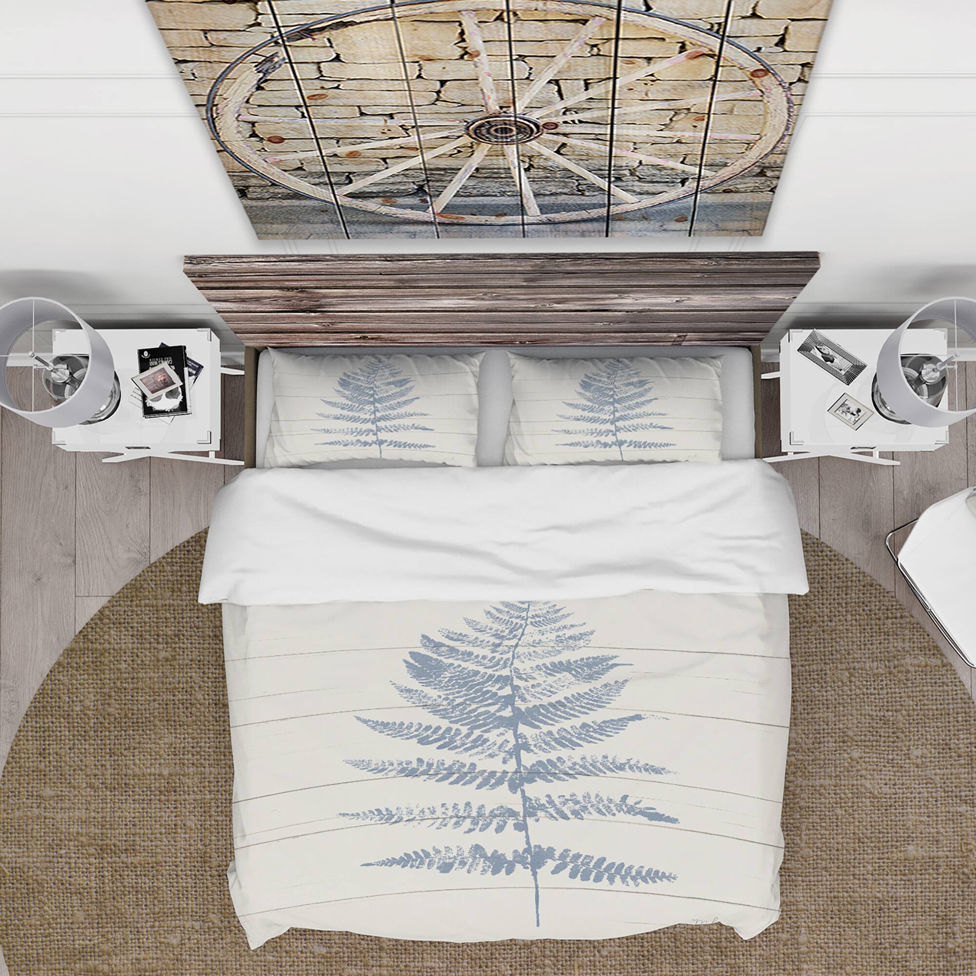 Designart 'Blue Fern Print on wood II' Cottage Bedding Set - Duvet Cover & Shams