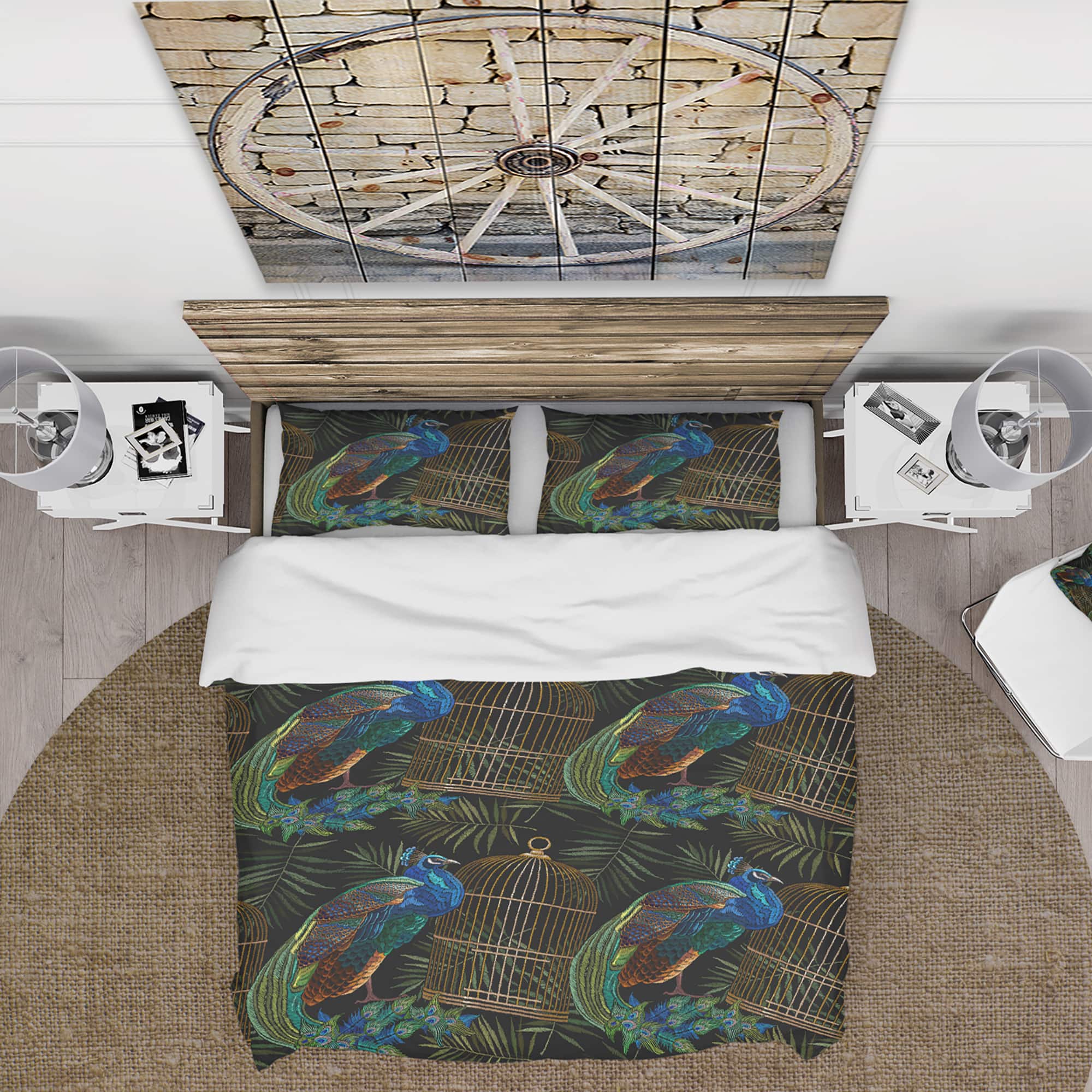 Designart &#x27;Tails of Peacocks and Birds Cage&#x27; Farmhouse Bedding Set - Duvet Cover &#x26; Shams