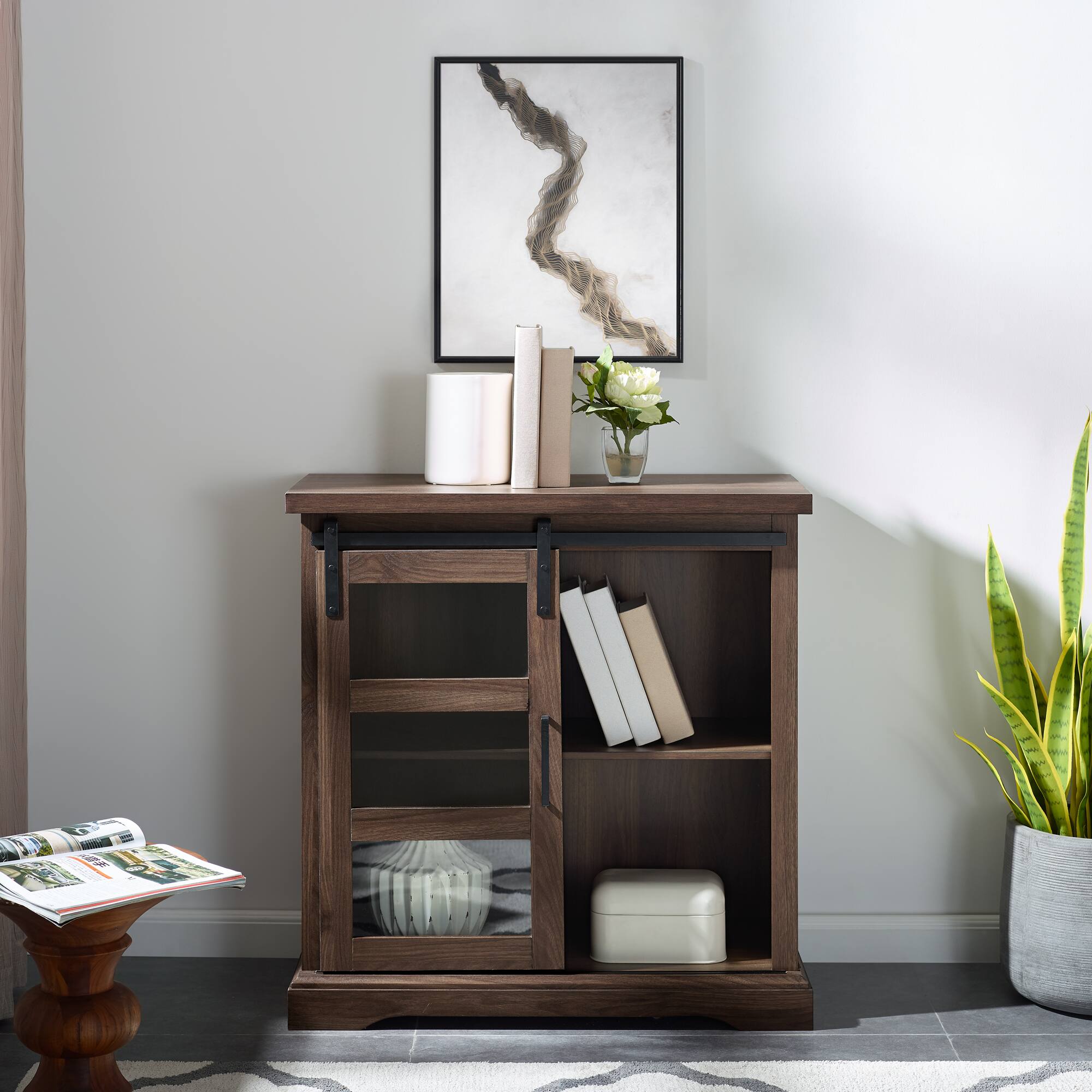 Walker Edison 32&#x22; Dark Walnut Sliding Glass Door Modern Accent Cabinet
