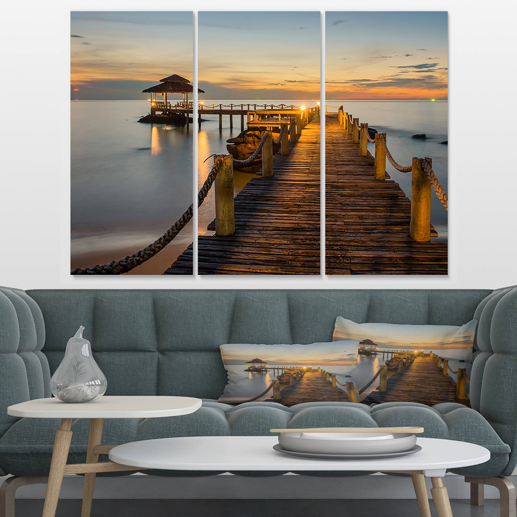 Designart - Brown Wooden Pier in Evening - Seashore Photo Canvas Print