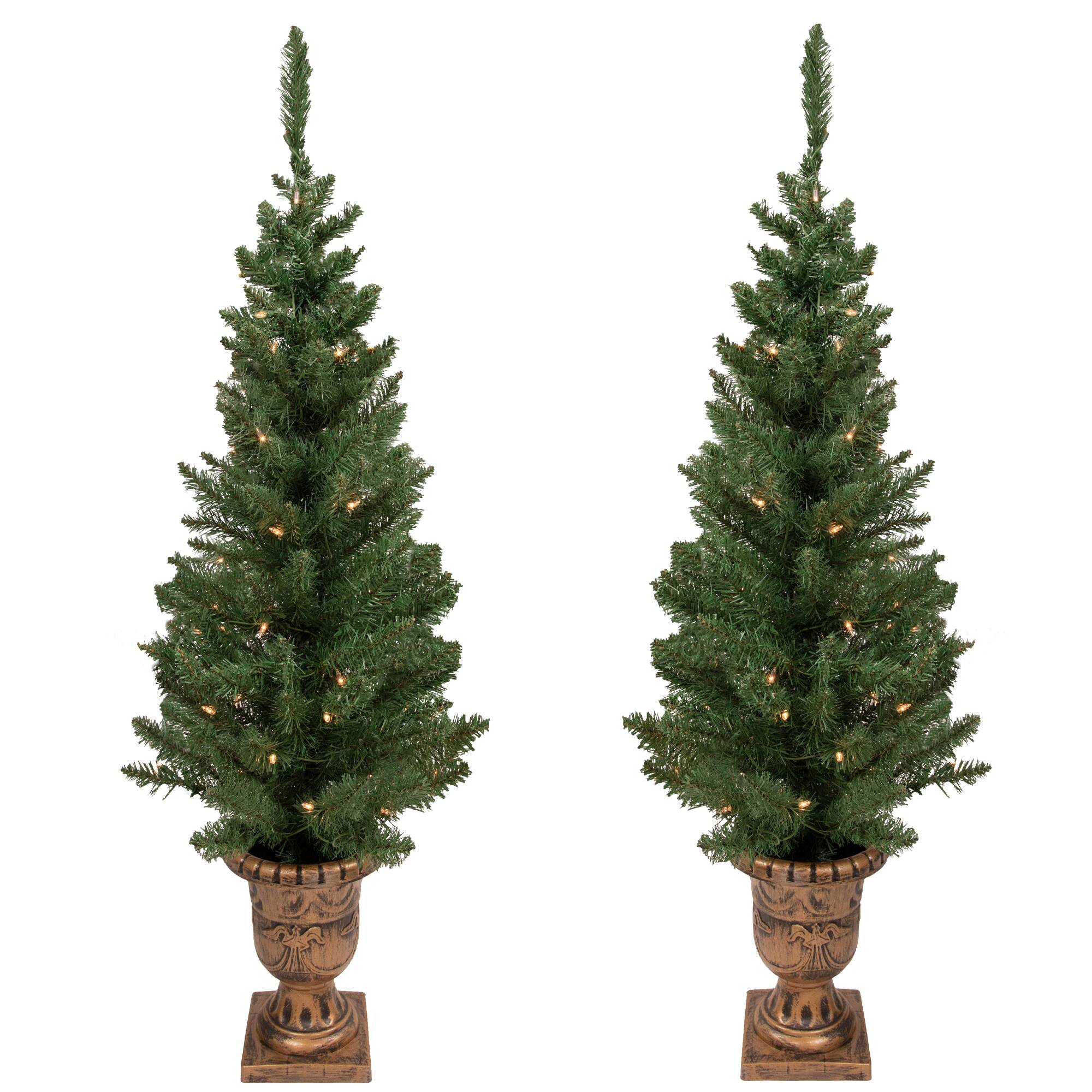 2 Pack 4ft. Pre-Lit Porch Pine Topiary Artificial Potted Christmas Trees, Clear Lights