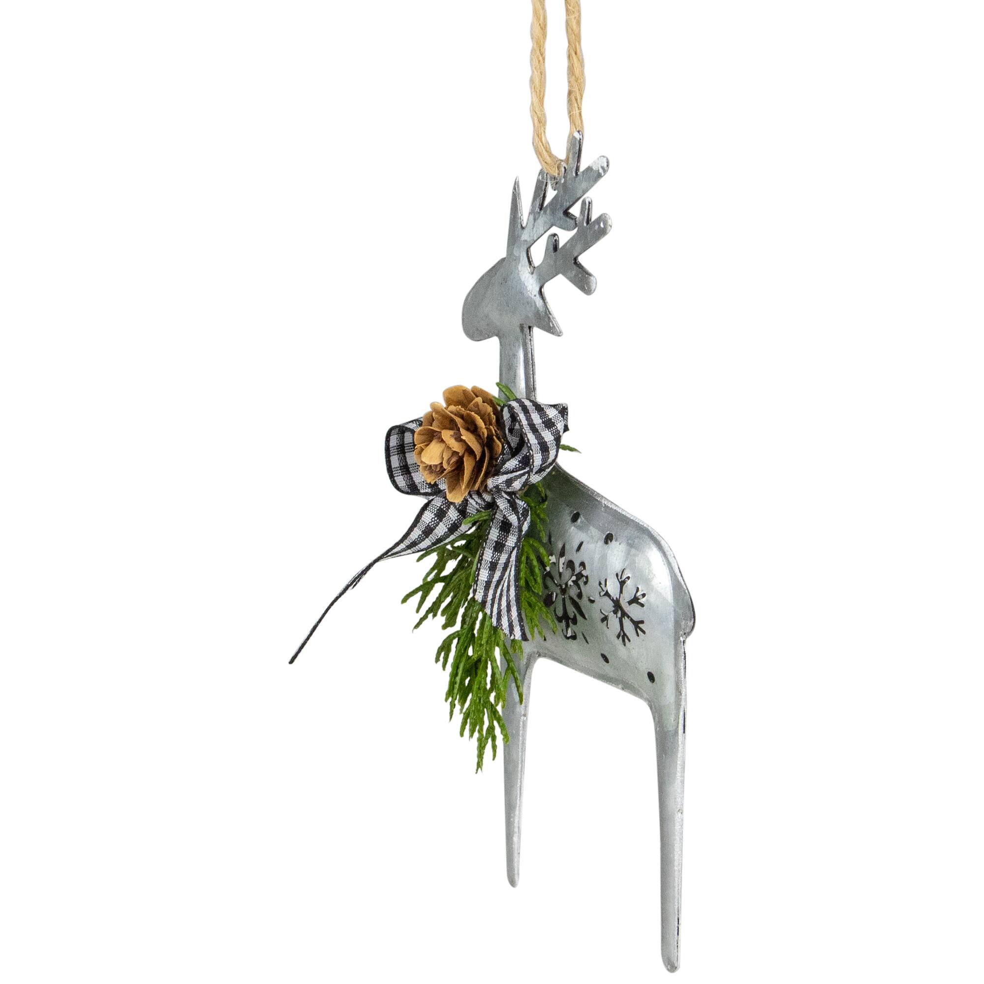 6.25" Silver Metal Reindeer Christmas Ornament with Black Gingham Bowtie & Pine