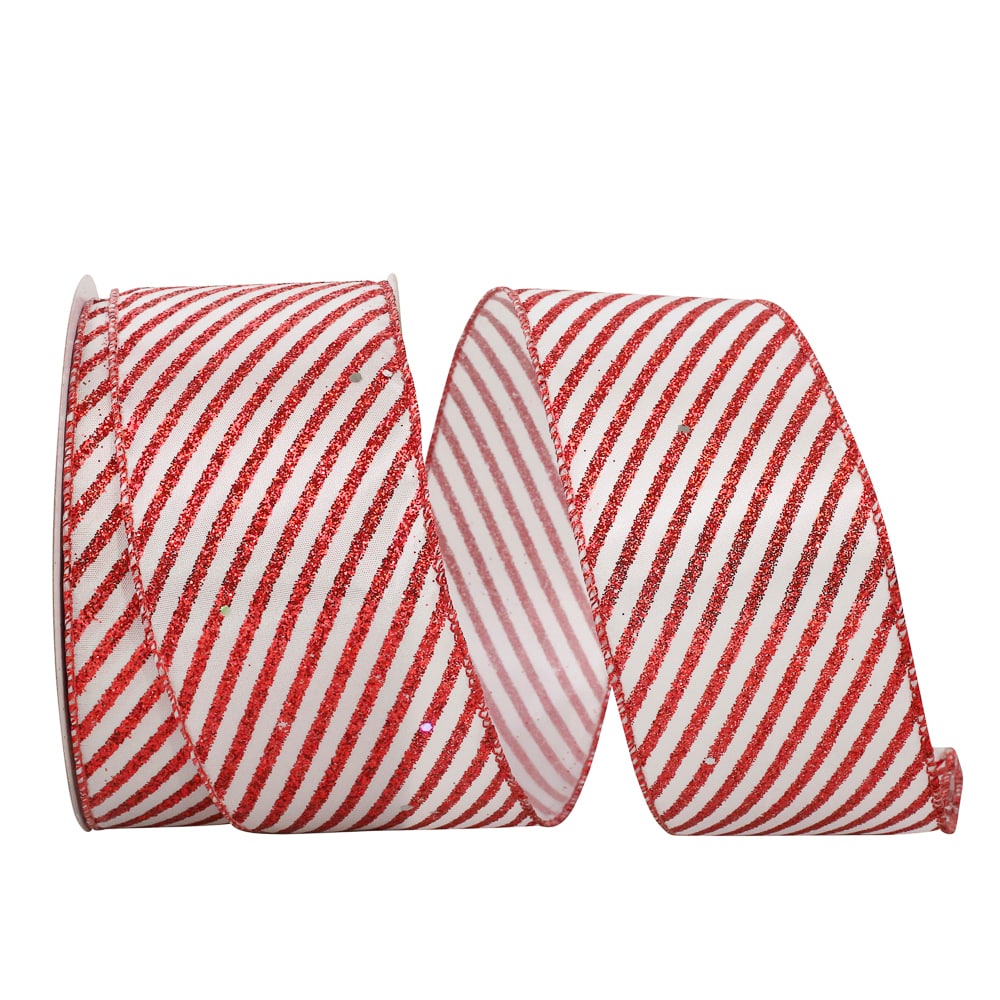 JAM Paper 2.5&#x22; x 20yd. Wired Candy Cane Glitter Diagonal Stripe Ribbon
