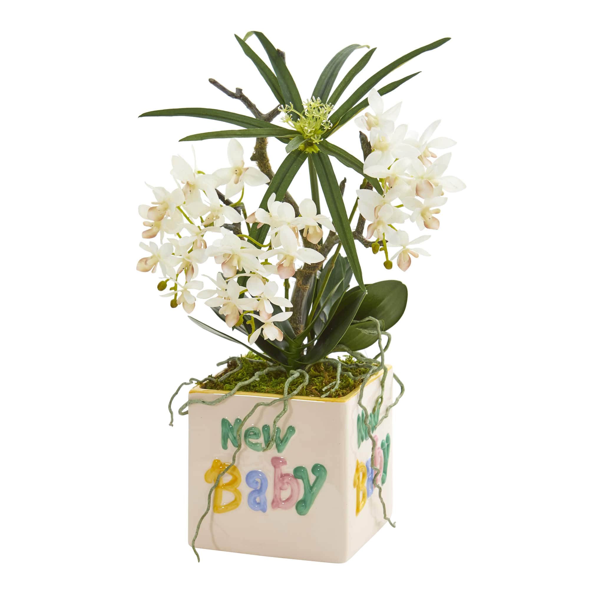 16" Orchid Phalaenopsis and Cyperus Artificial Arrangement in New Baby Vase