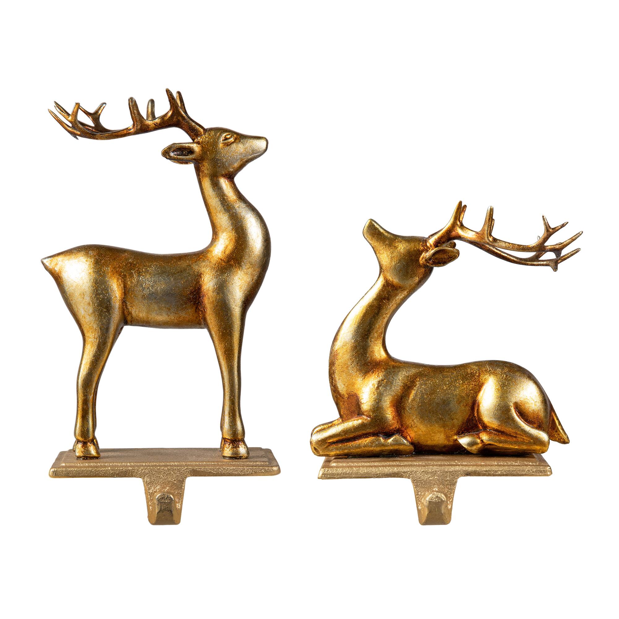 Glitzhome&#xAE; Gold Standing &#x26; Sitting Reindeer Stocking Holder Set