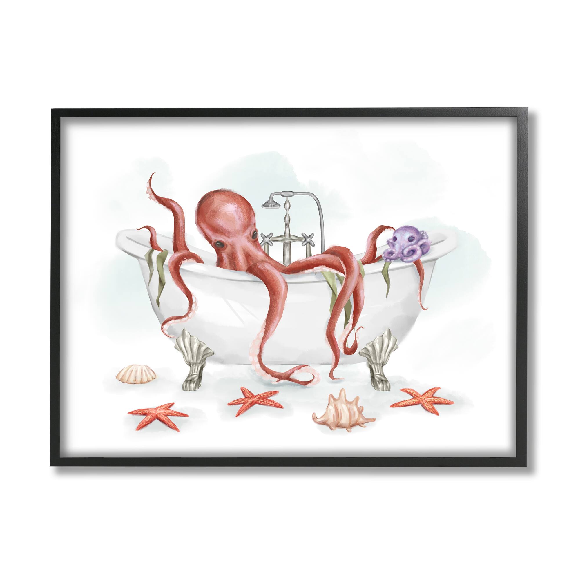 Stupell Industries Red Octopus Nautical Claw Bath Sea Shells in Frame Wall Art