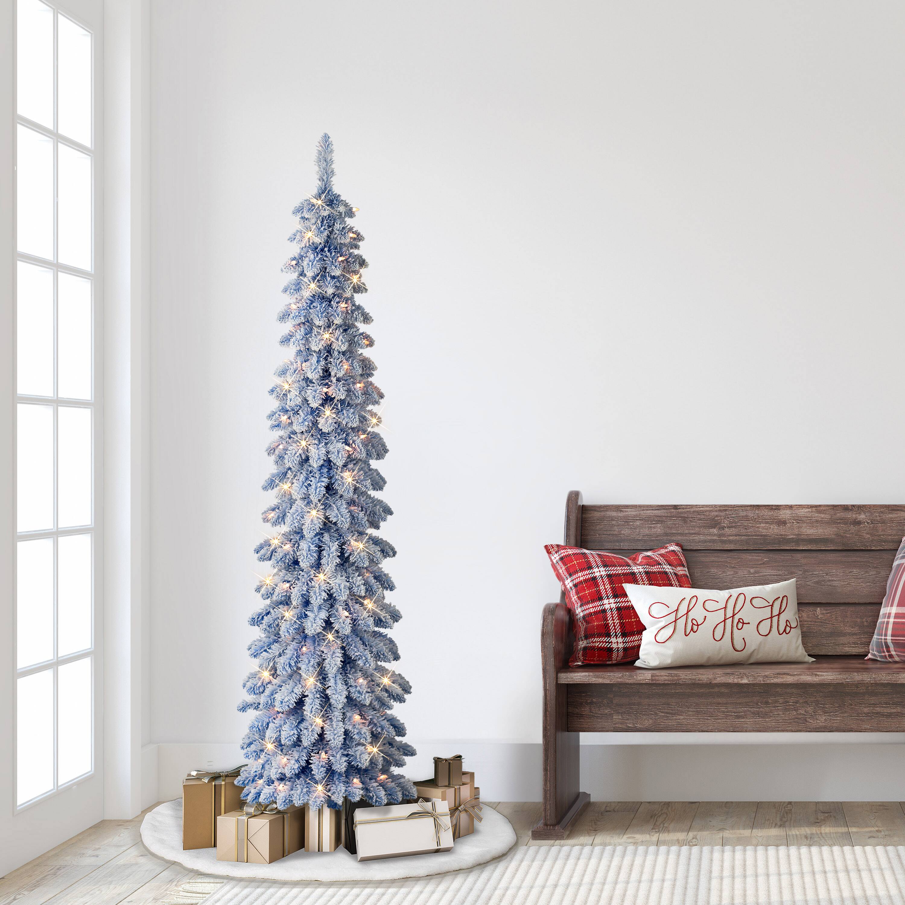 6ft. Pre-Lit Flocked Blue Artificial Alpine Pencil Christmas Tree, Clear Lights