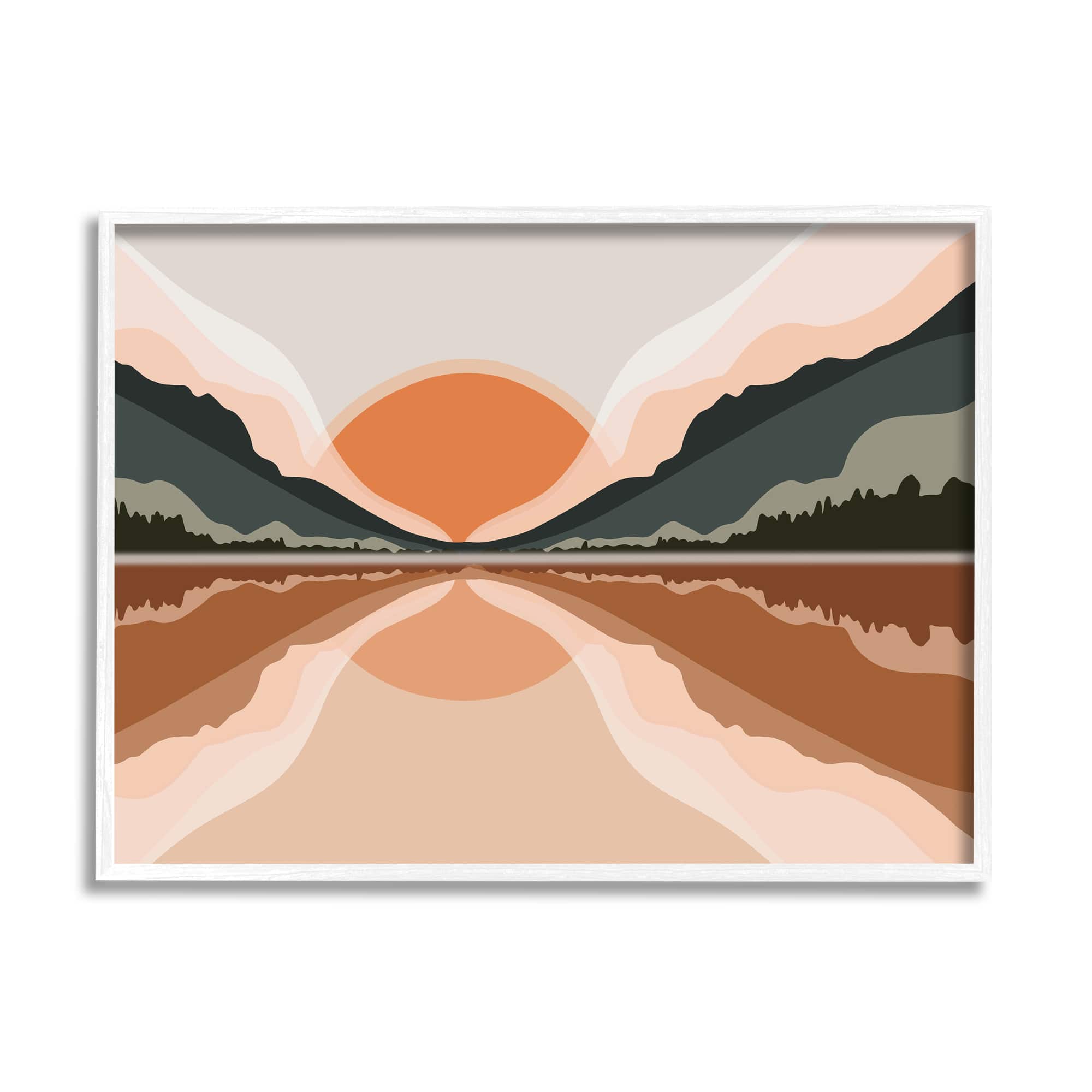 Stupell Industries Misty Sunrise Geometric Green Mountain Lake Reflection in White Frame Wall Art
