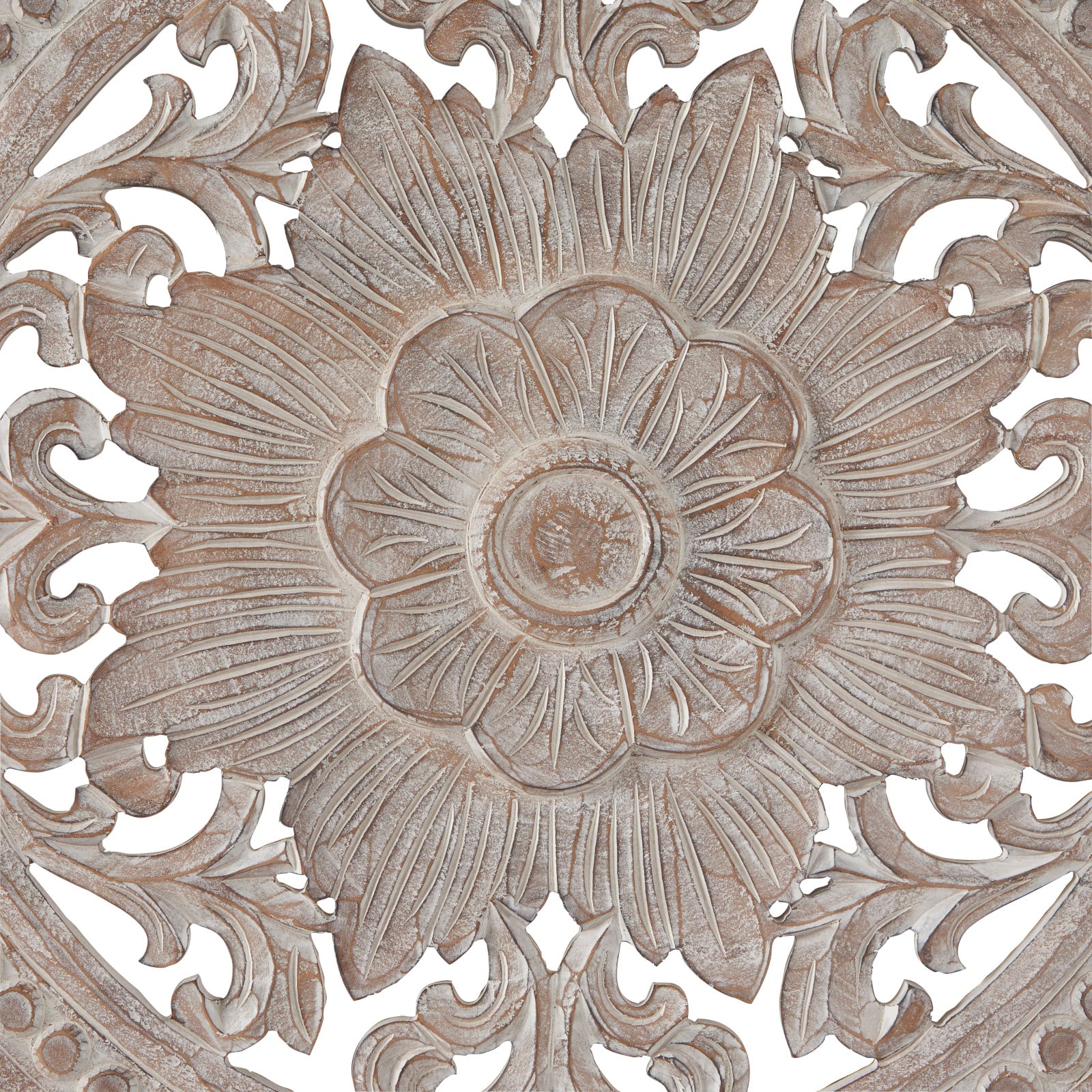 Brown Wood Intricately Carved Floral Wall Decor with Mandala Design 48 ...