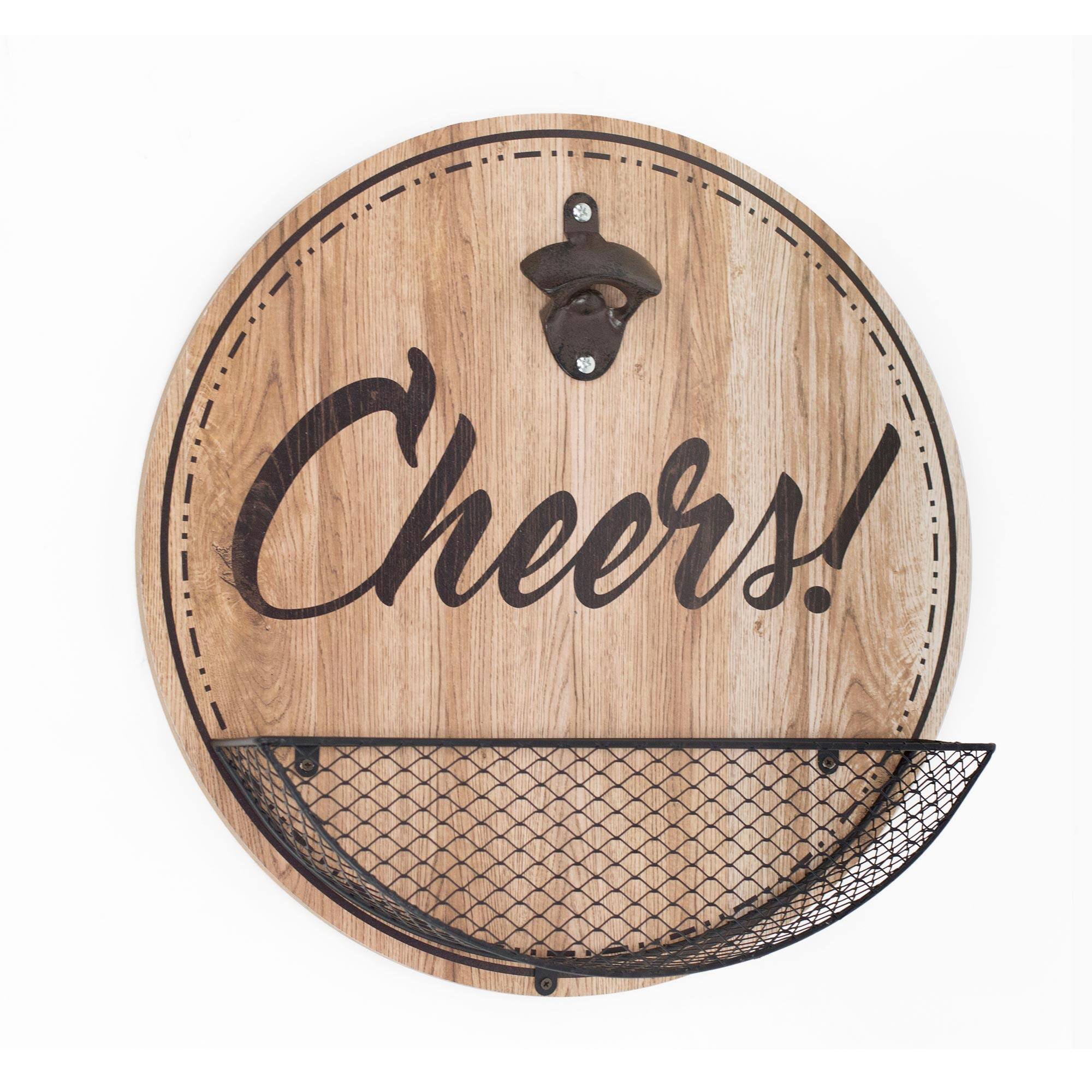14" Rustic Wood Textured 'Cheers!' Bottle Opener & Cap Catcher
