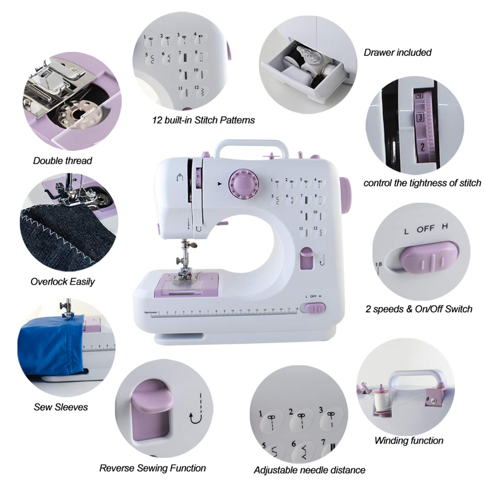 NEX&#x2122; Lavender Purple Modern Crafting Sewing Machine with 12 Built-In Stitches
