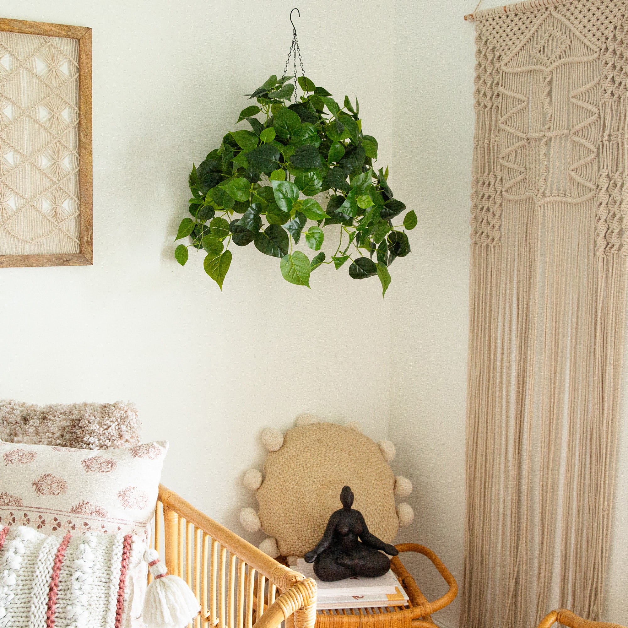 24" UV Resistant Artificial LED Lit Philodendron in White Hanging Basket