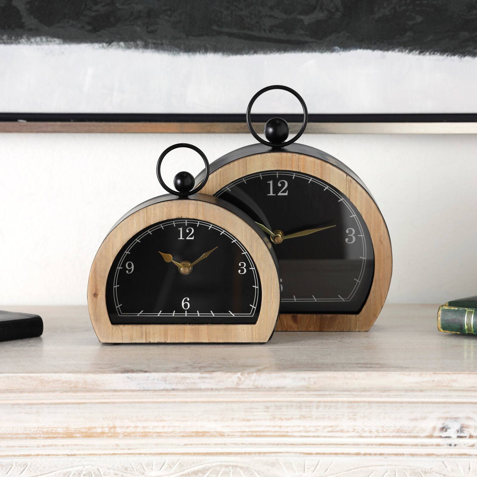 Black Wooden Semicircle Clock Set with Brown Wooden Frame &#x26; Ring Handle