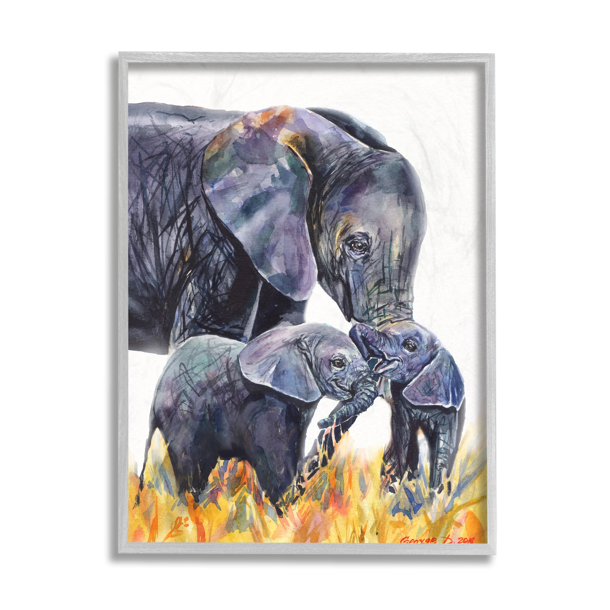 Stupell Industries Elephant Family in Tall Yellow Grass Safari Animals in Gray Frame Wall Art