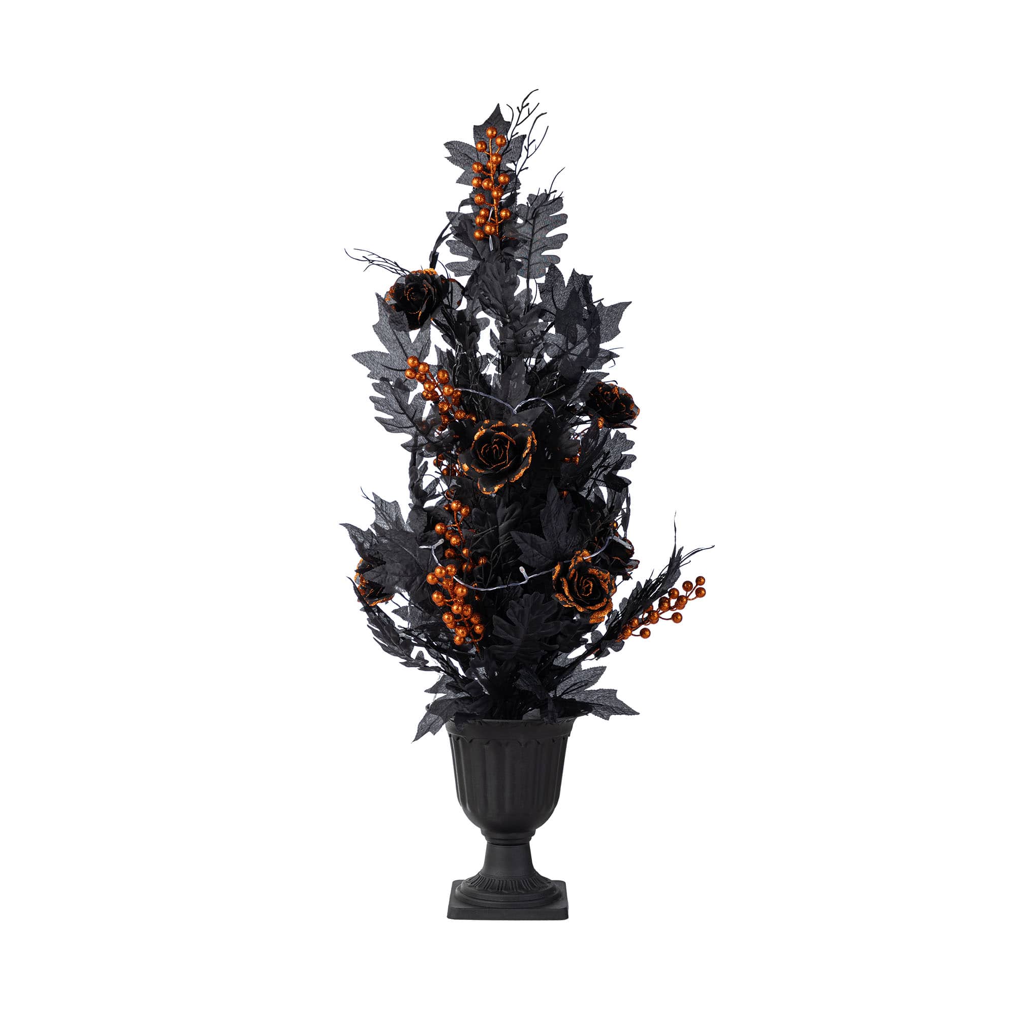 Glitzhome&#xAE; 36&#x22;H Halloween Lighted Black Rose with Orange Glitter Urn Porch Tree with Timer