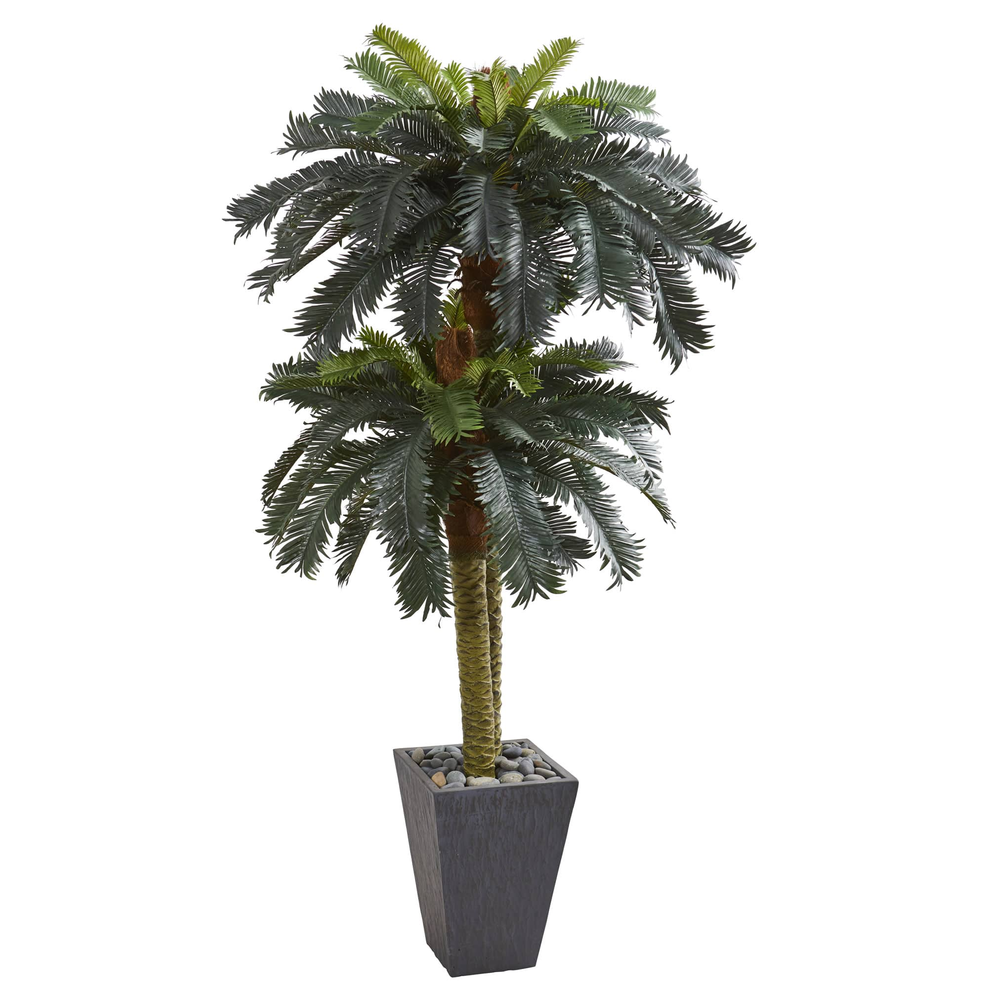 6ft. Double Sago Palm Artificial Tree in Slate Finished Planter