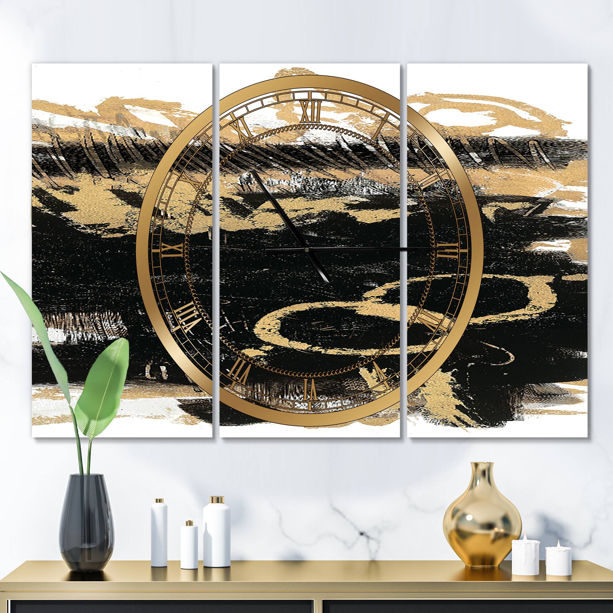 Designart 'Gold And Black Drift Iii Modern Multipanel Wall Clock