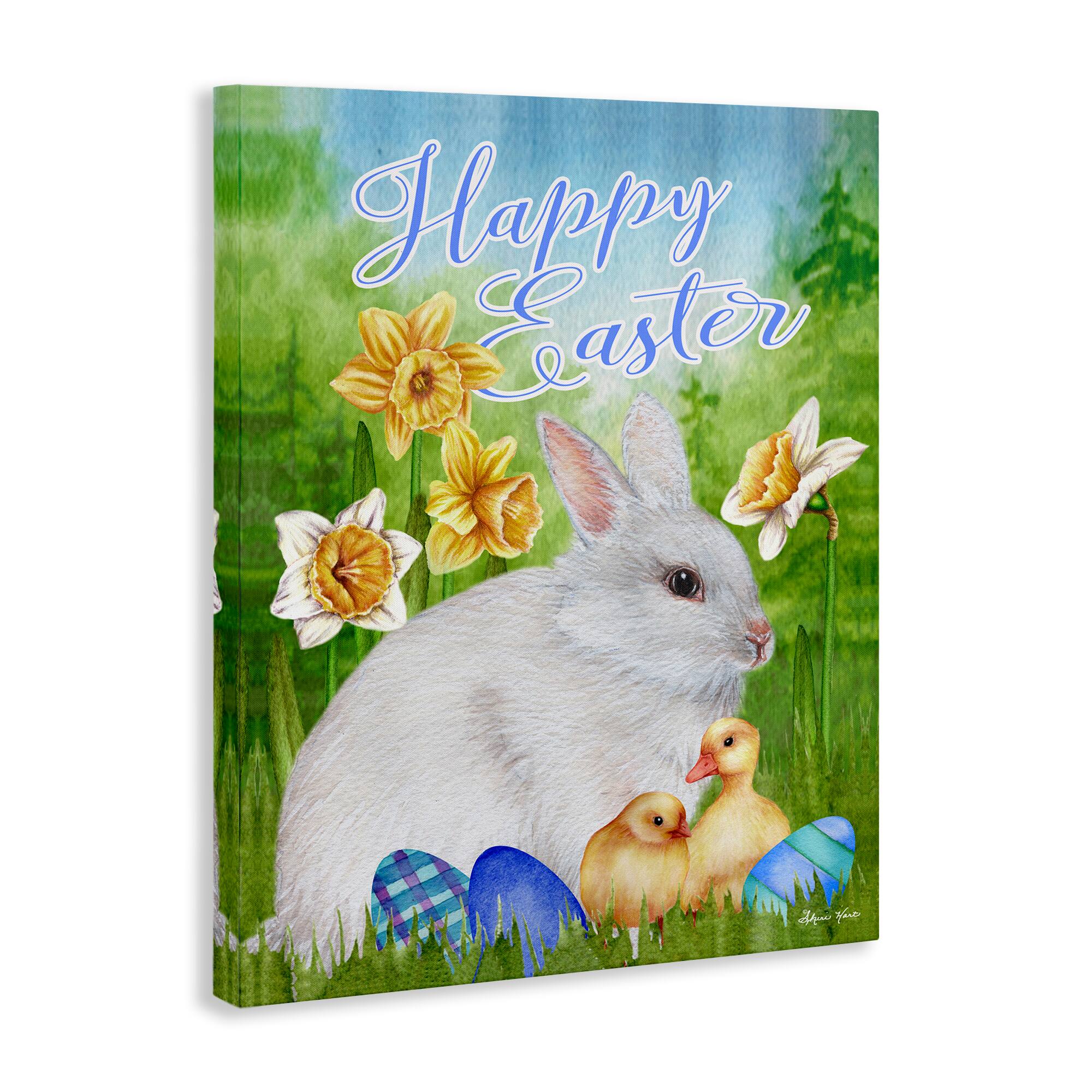 Stupell Industries Happy Easter Spring Bunny Rabbit Phrase Baby Chicks Canvas Wall Art